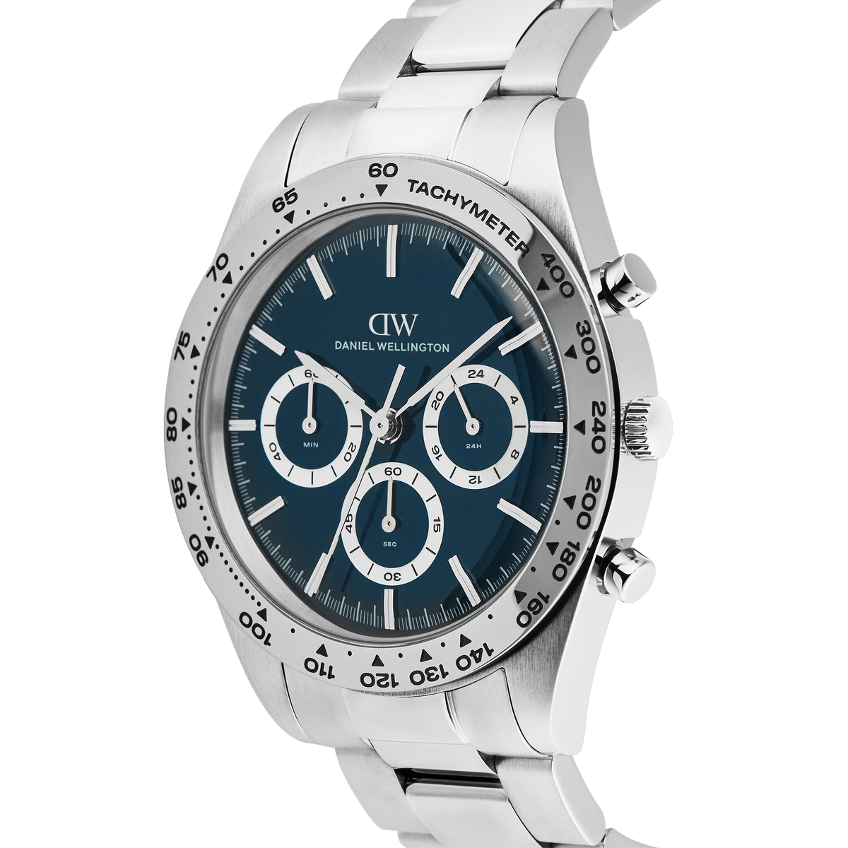 Daniel Wellington Iconic Tachymeter 3-Link Arctic Silver DW00100949 men's watch with blue plain dial and silver link strap
