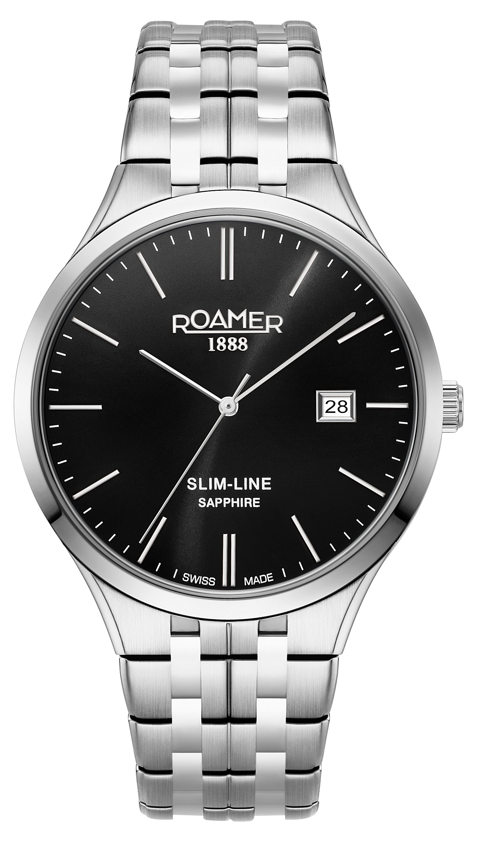 Stainless steel wristwatch with a black dial and date display.