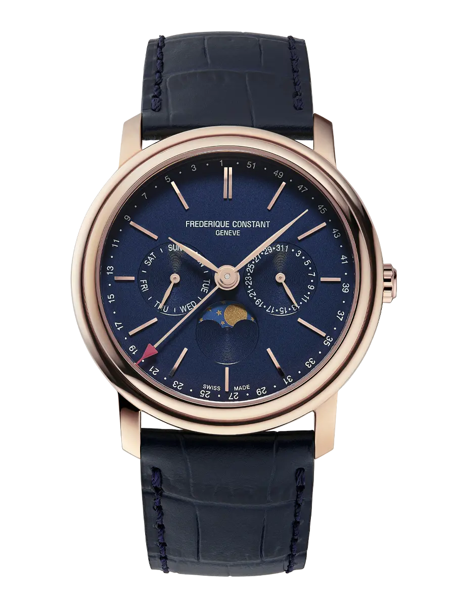 Luxury wristwatch with a blue dial, rose gold case, and navy leather strap.