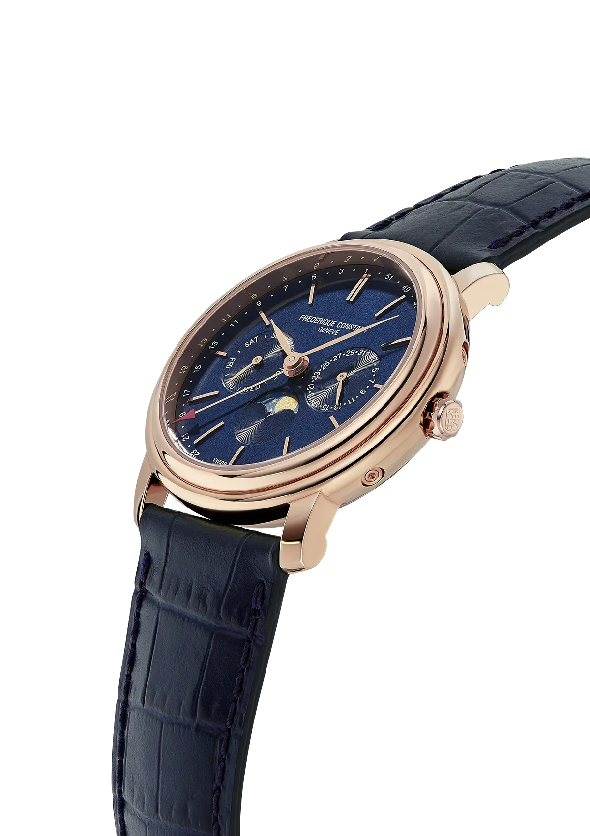 Elegant wristwatch with a blue dial and rose gold case on a navy leather strap.