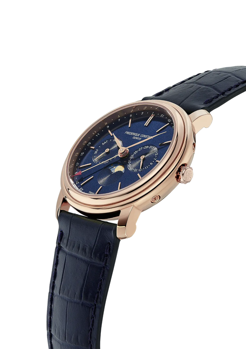 Elegant wristwatch with a blue dial and rose gold case on a navy leather strap.