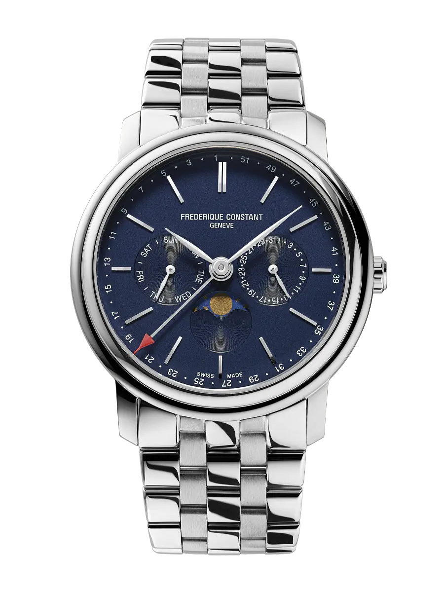 Luxury wristwatch with a blue dial and stainless steel bracelet.