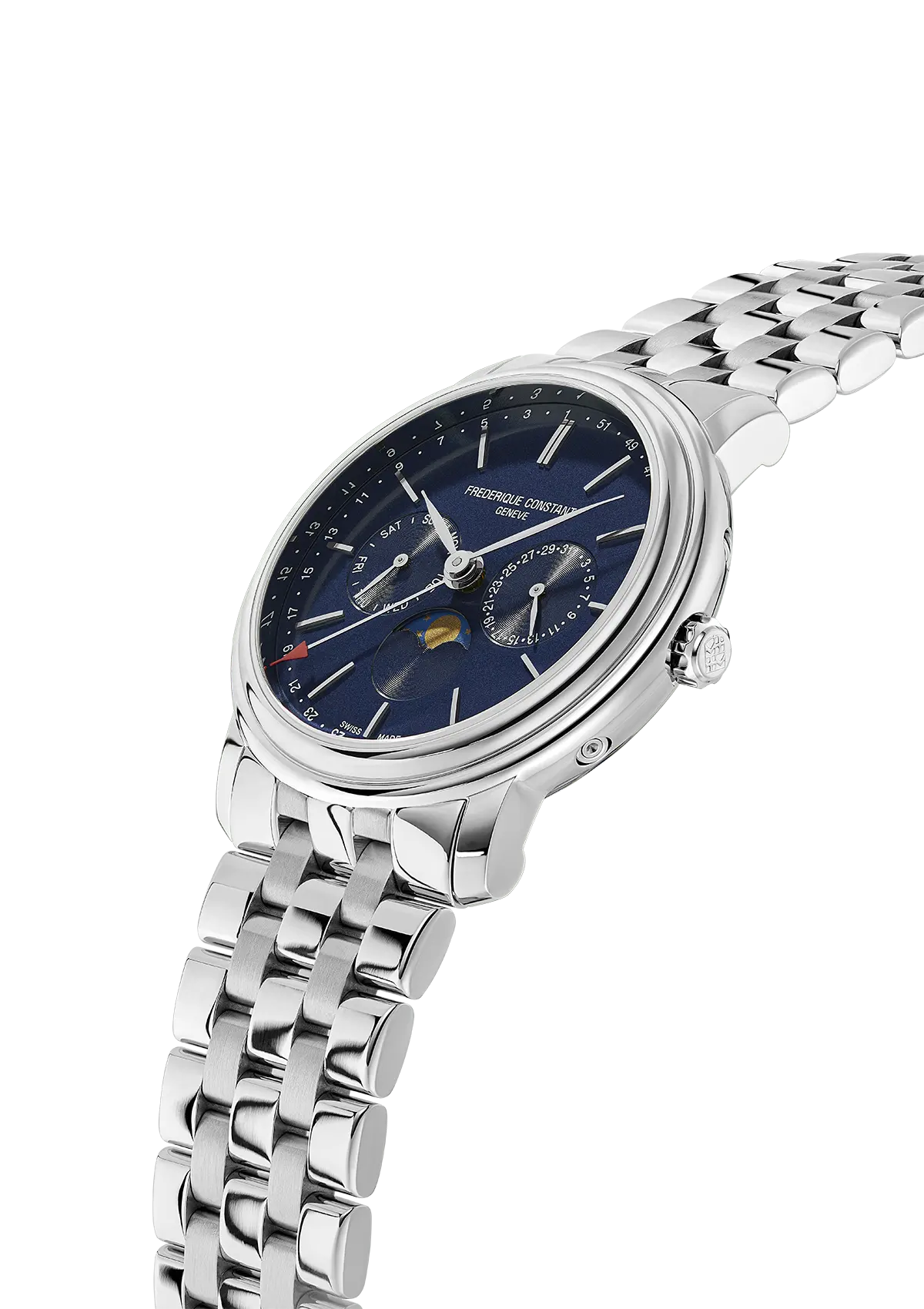 Elegant silver wristwatch with a dark blue dial and multiple subdials.