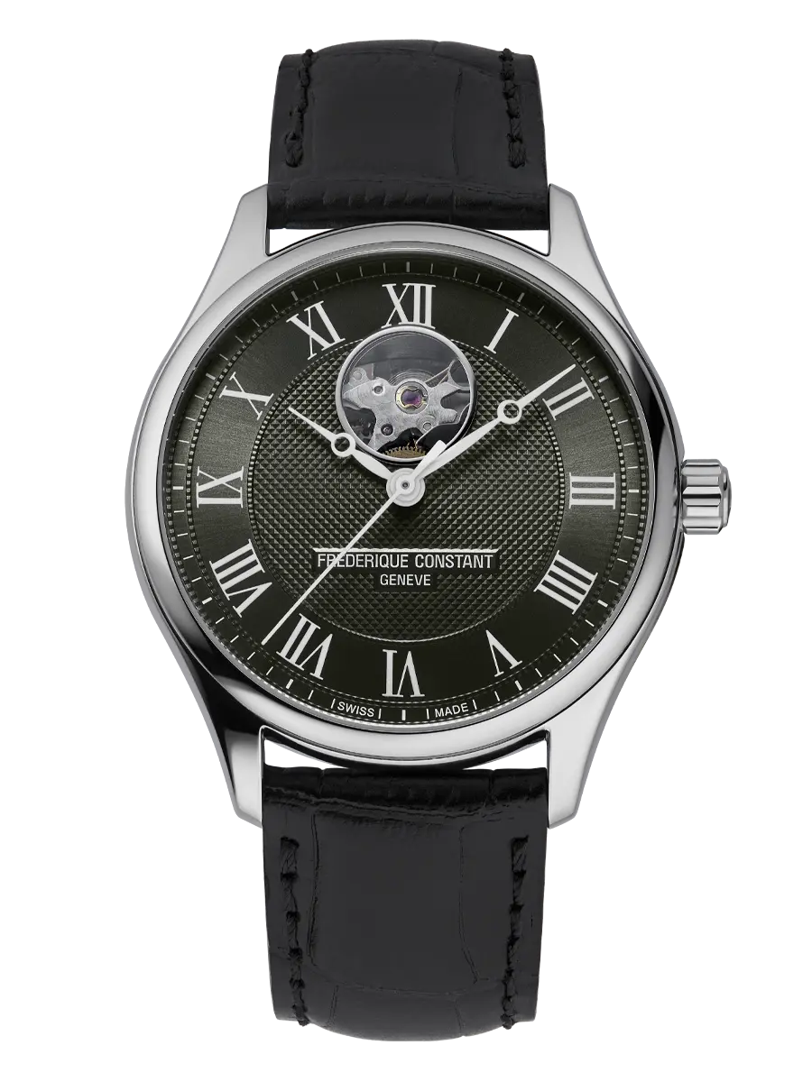 Wristwatch with a skull design on its dark face and Roman numeral hour markers.