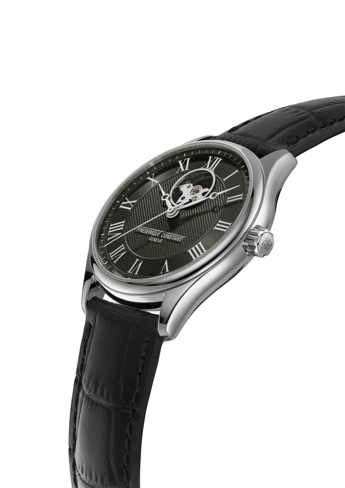 Elegant wristwatch with a black leather strap and exposed mechanical movement visible on the dial.