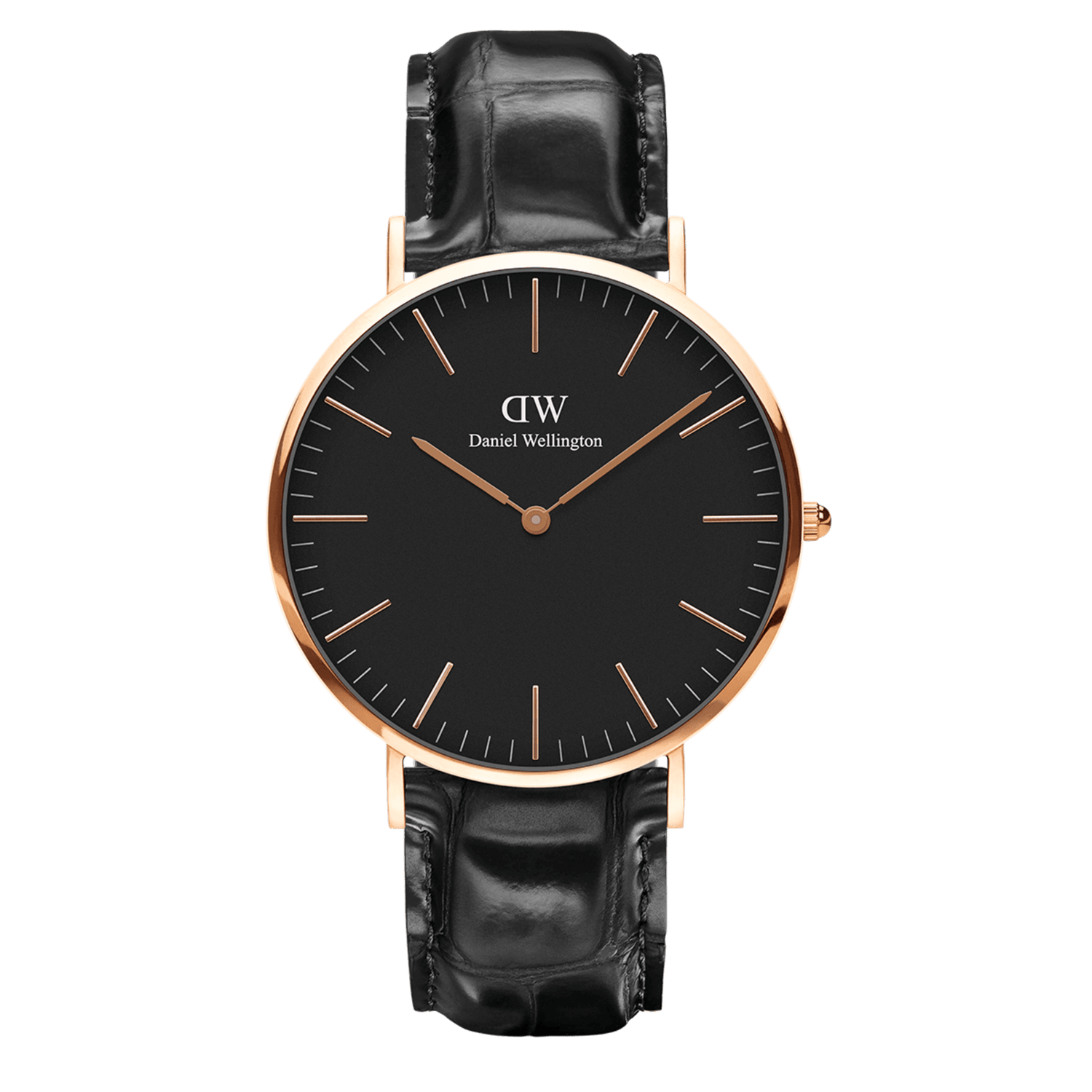 Elegant wristwatch with a black leather strap, rose gold case, and black dial.