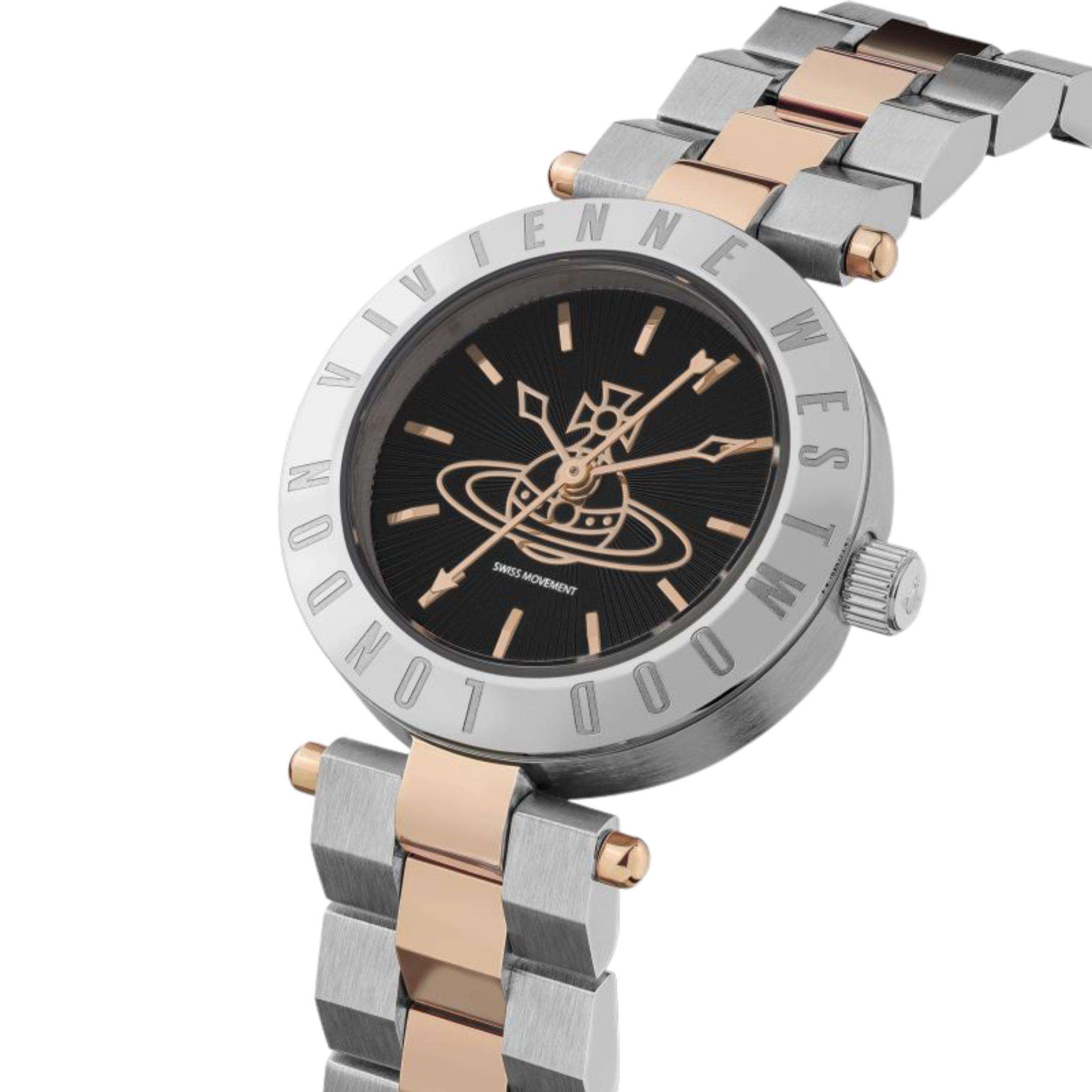 Vivienne Westwood Westbourne women's watch with a black dial and two tone stainless steel bracelet. Shown at an angle.