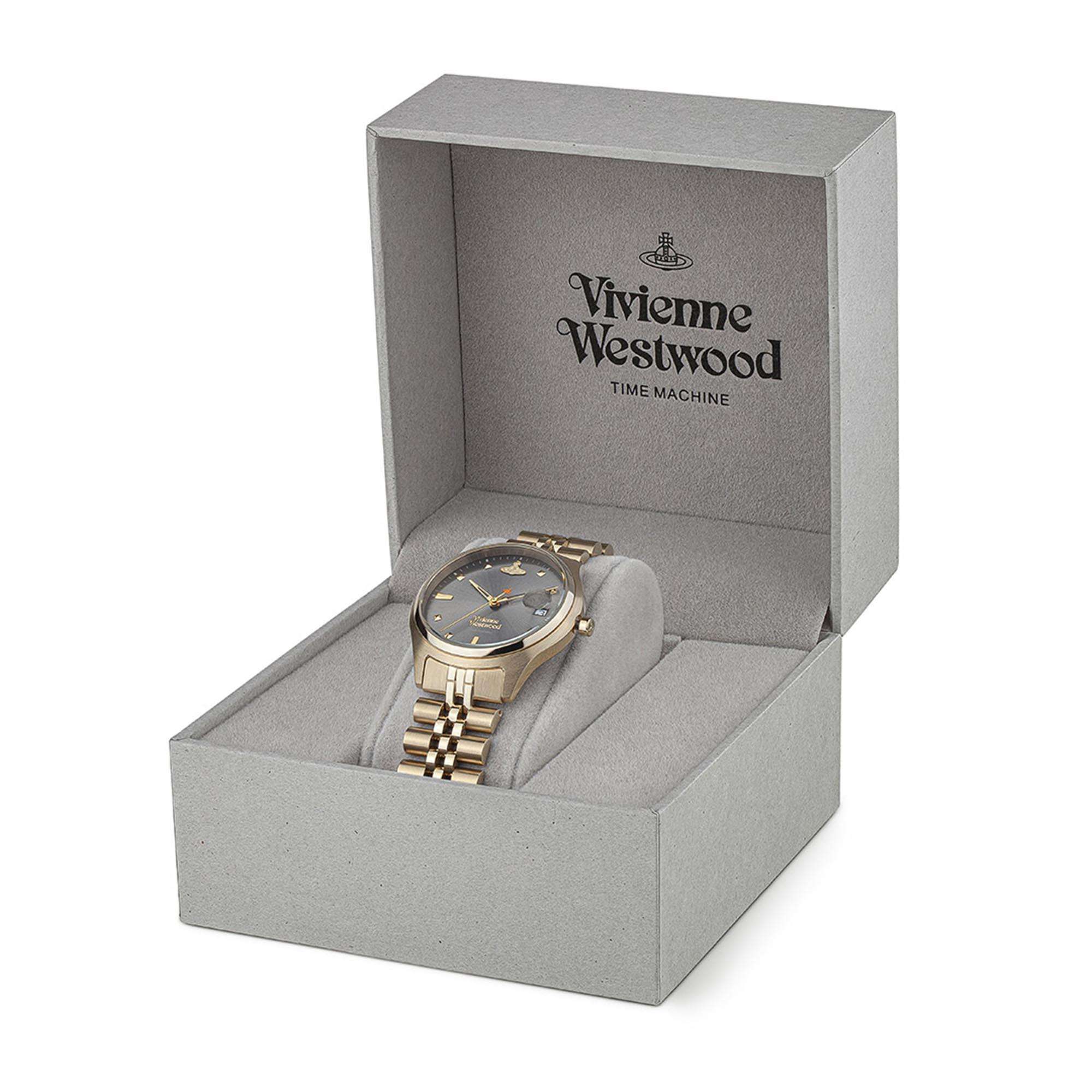 Vivienne Westwood Camberwell women's watch with a grey dial and gold stainless steel bracelet. Close-up detail view.