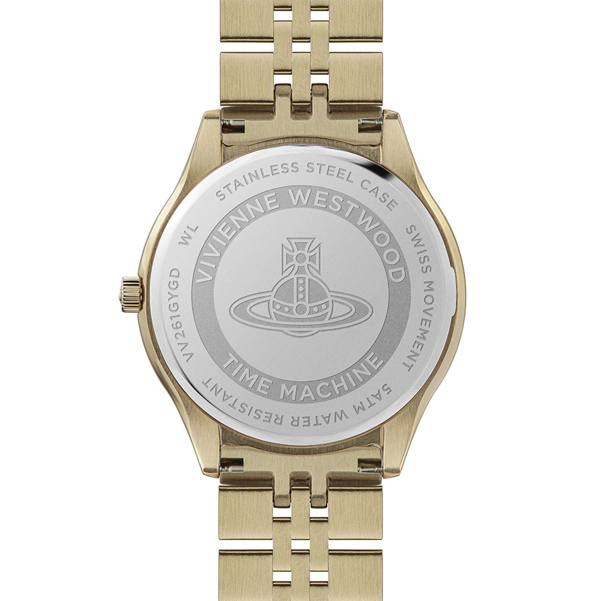 Vivienne Westwood Camberwell women's watch with a grey dial and gold stainless steel bracelet. Clasp and case back detail.
