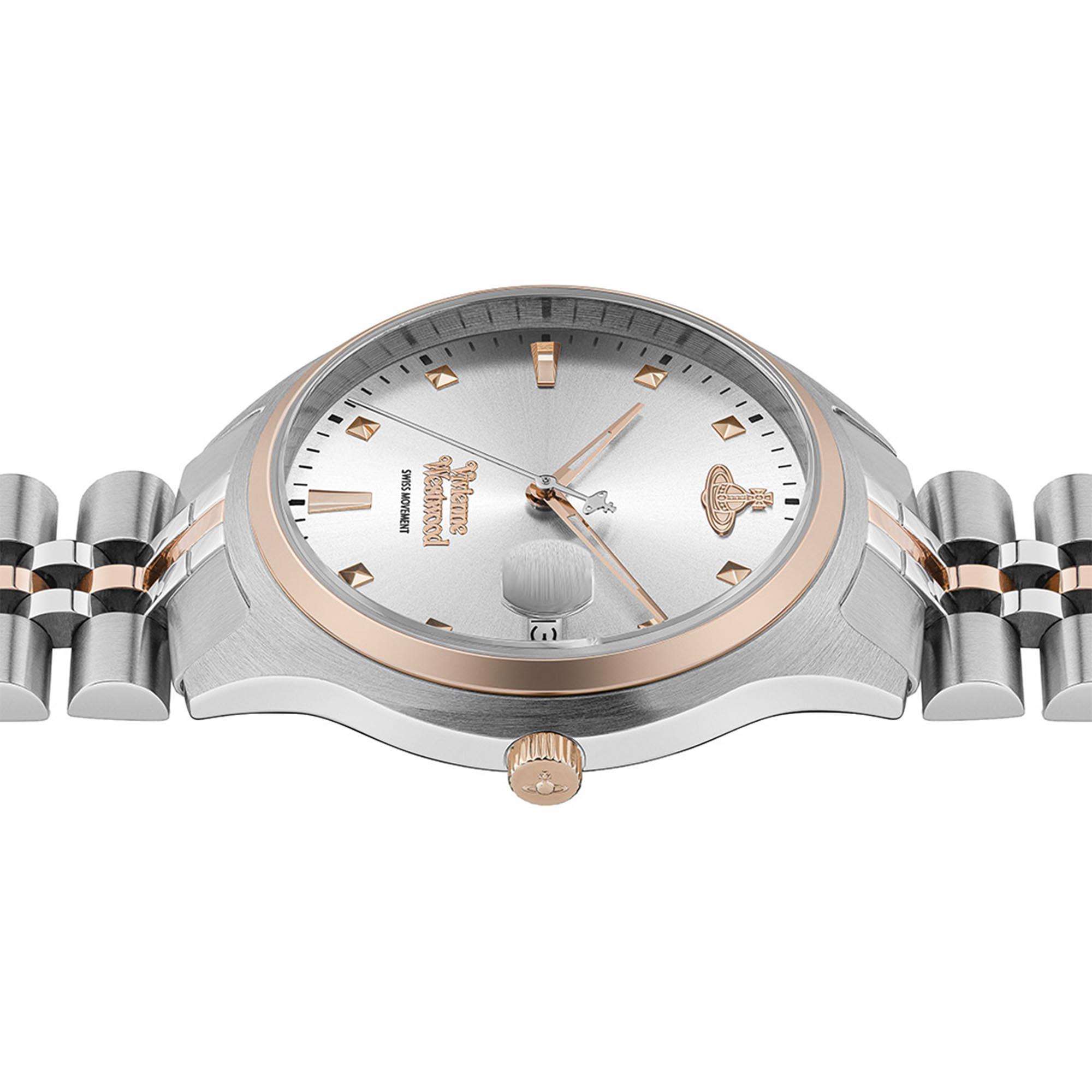 Vivienne Westwood Camberwell women's watch with a silver dial and two tone stainless steel bracelet. Shown at an angle.