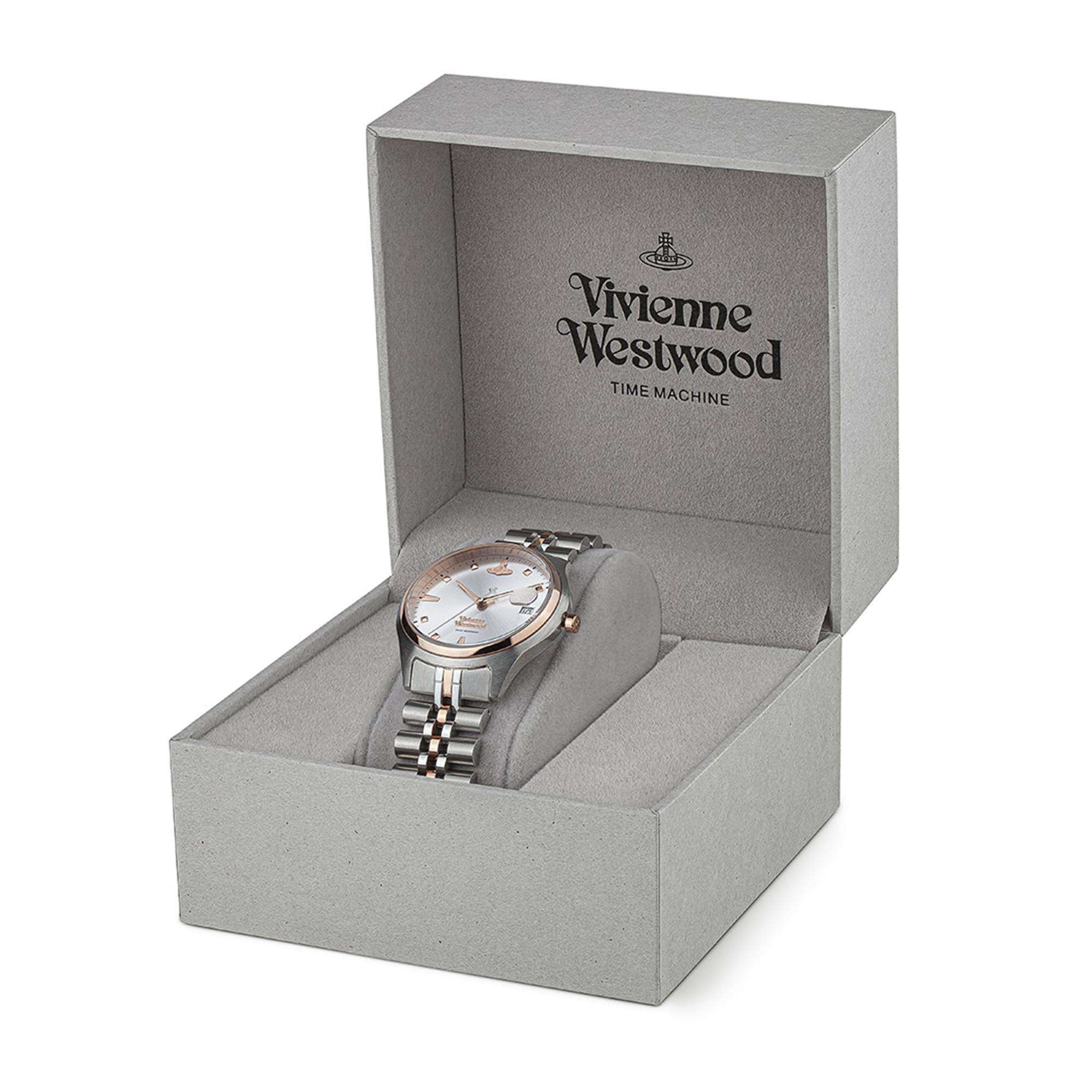 Vivienne Westwood Camberwell women's watch with a silver dial and two tone stainless steel bracelet. Close-up detail view.