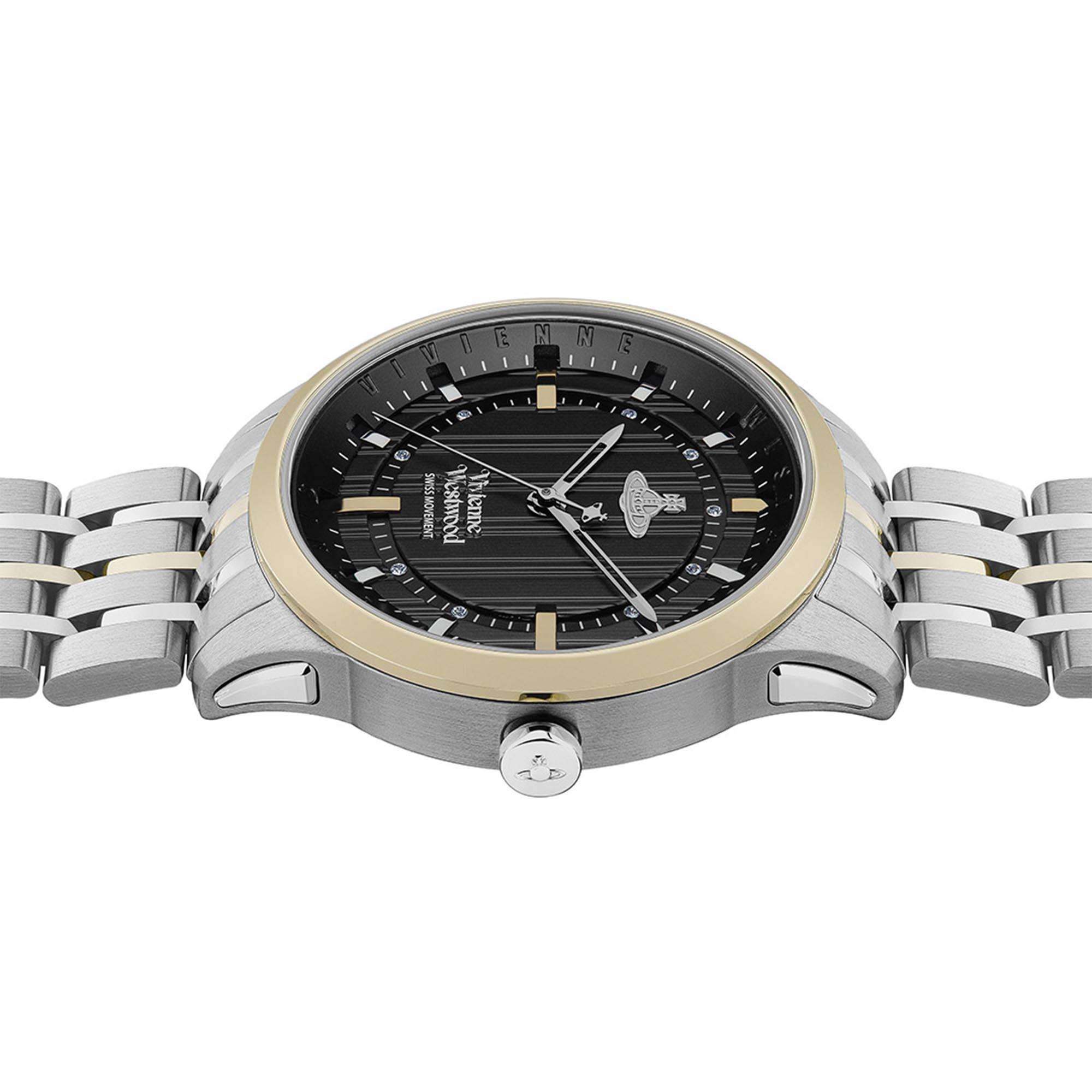 Vivienne Westwood East End women's watch with a black dial and two tone stainless steel bracelet. Shown at an angle.
