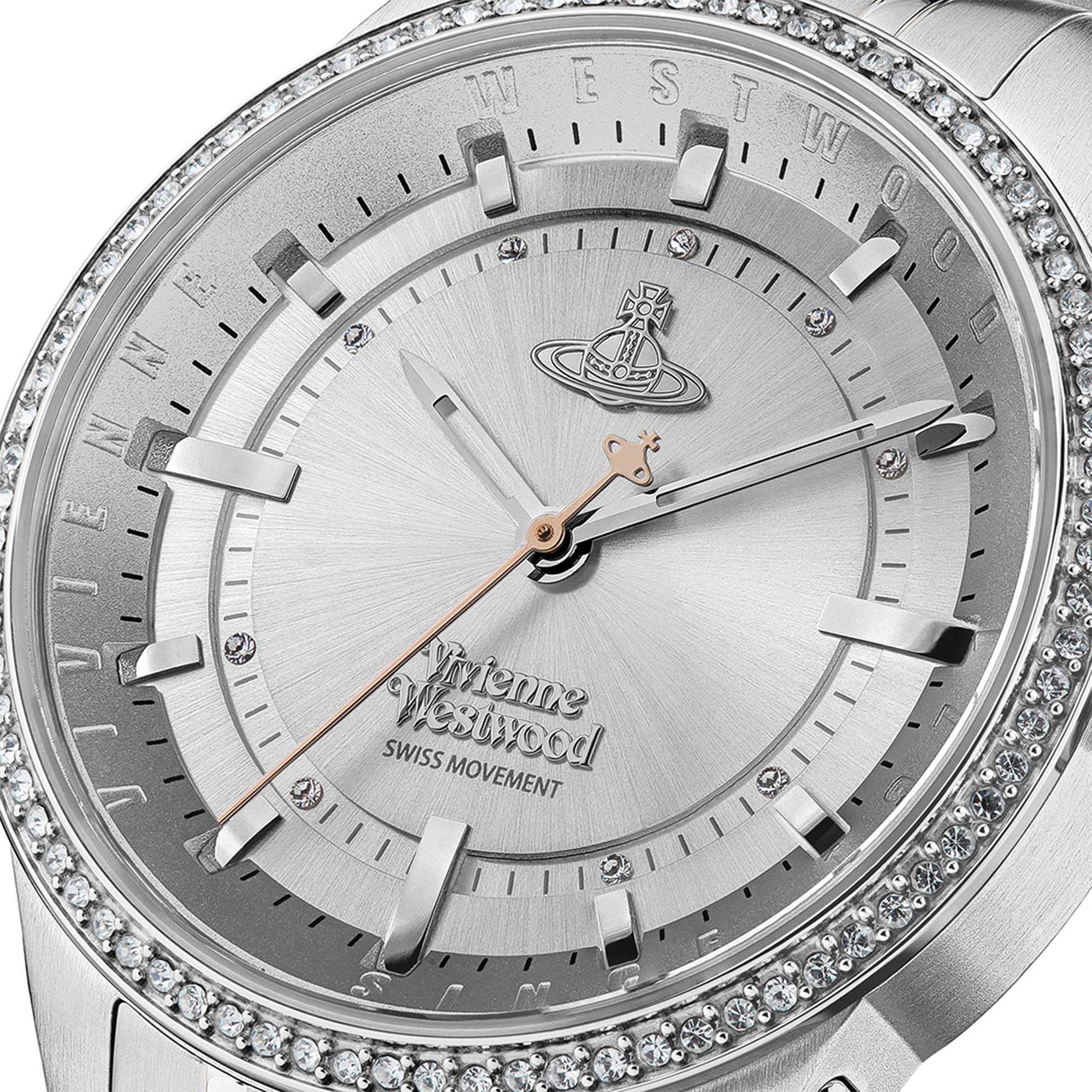 Vivienne Westwood East End women's watch with a silver dial and two tone stainless steel bracelet. Side profile view.