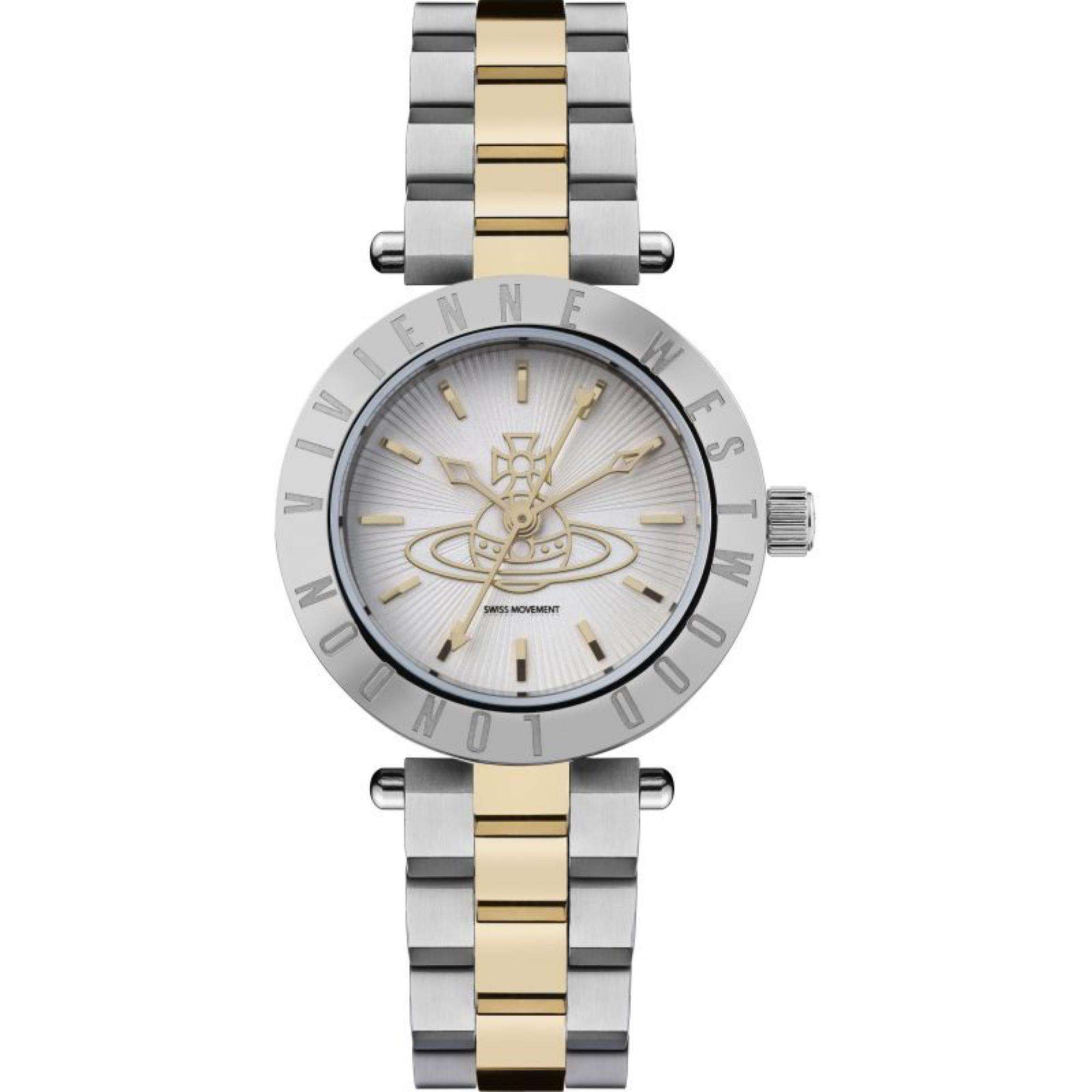 Vivienne Westwood Westbourne women's watch with a silver dial and two tone stainless steel bracelet.