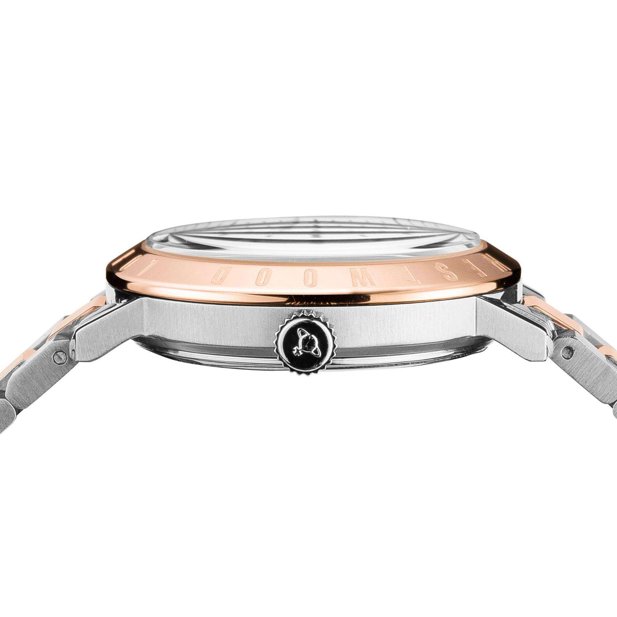 Vivienne Westwood Bloomsbury women's watch with a silver dial and two tone stainless steel bracelet. Close-up detail view.