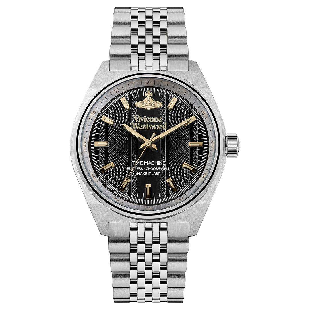 Vivienne Westwood Sydenham men's watch with a black dial and silver stainless steel bracelet.