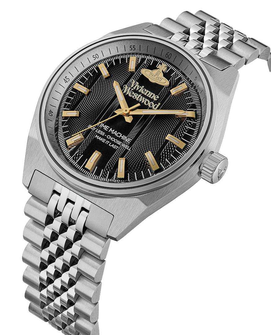 Vivienne Westwood Sydenham men's watch with a black dial and silver stainless steel bracelet. Close-up detail view.