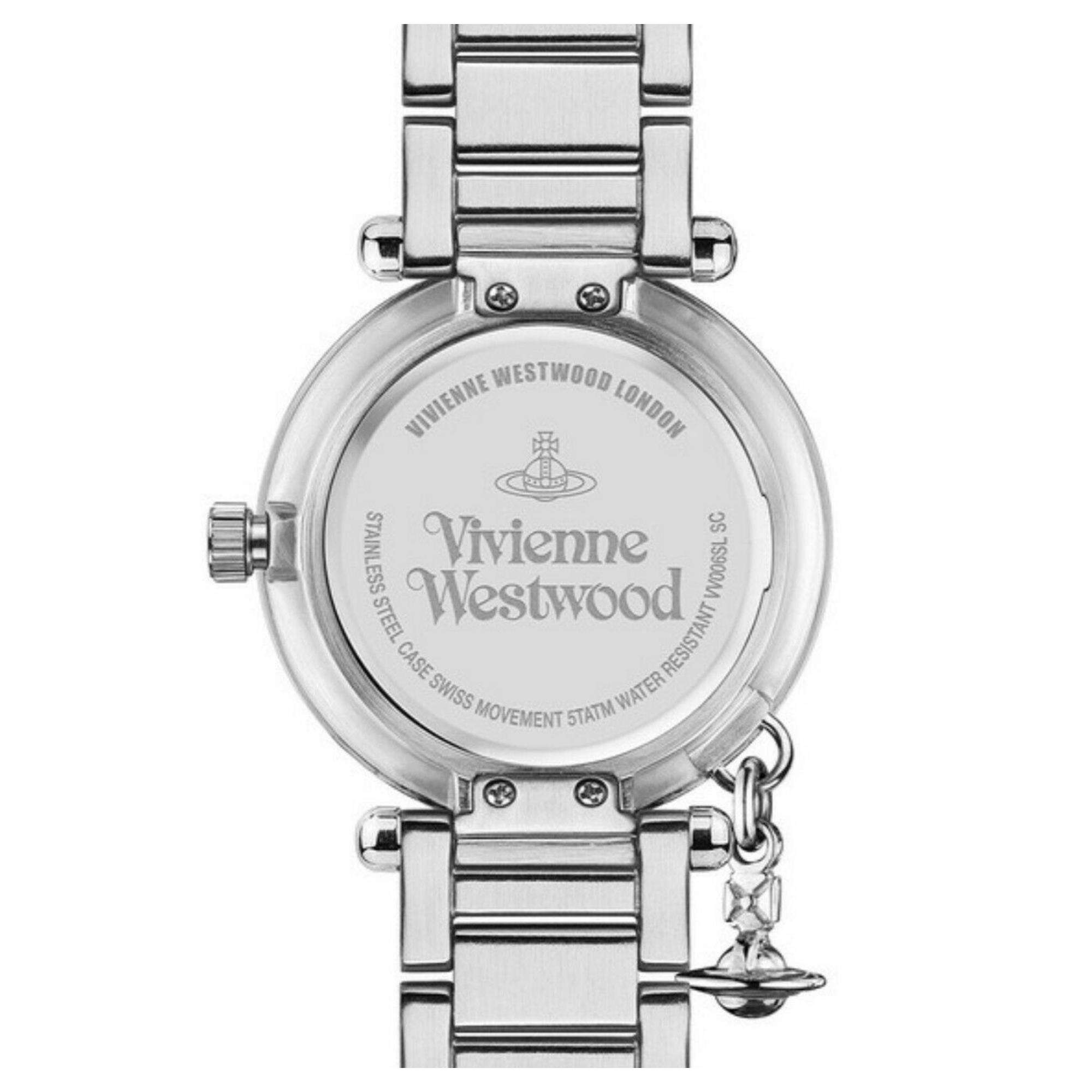 Vivienne Westwood Orb women's watch with a silver dial and silver stainless steel bracelet. Close-up detail view.