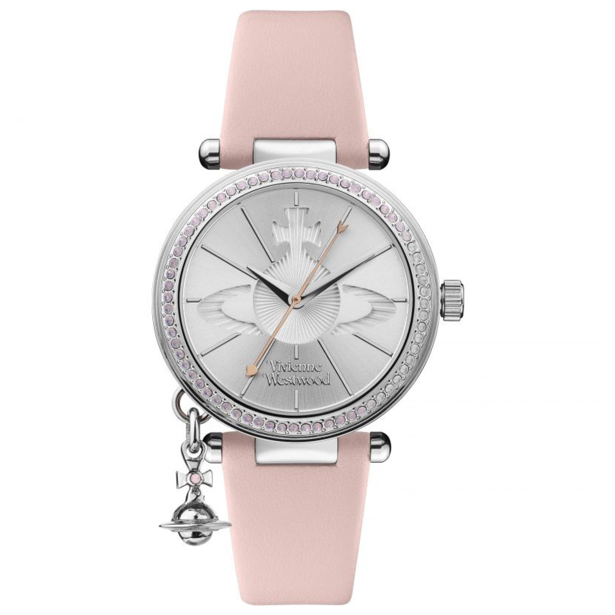 Vivienne Westwood Orb Pastelle women's watch with a silver dial and pink leather strap.