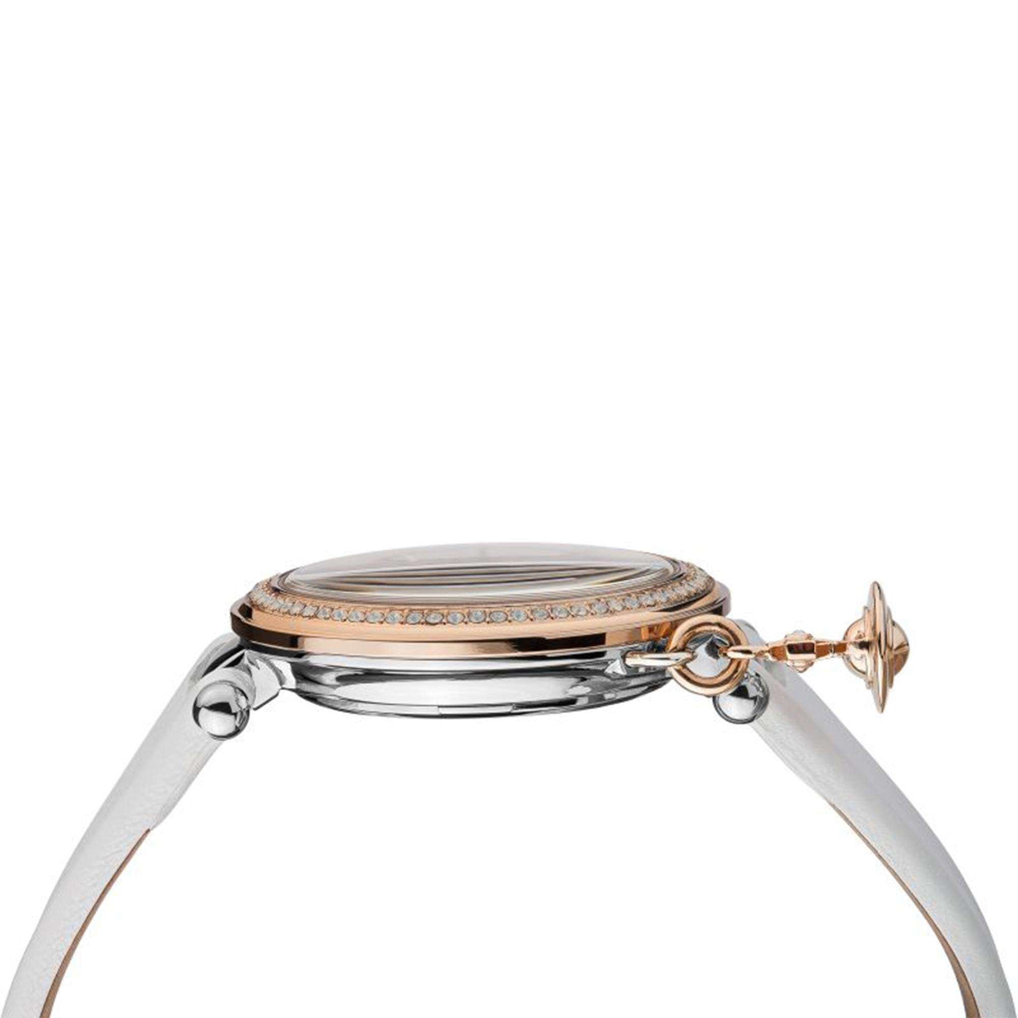 Vivienne Westwood Orb women's watch with a silver dial and white leather strap. Close-up detail view.