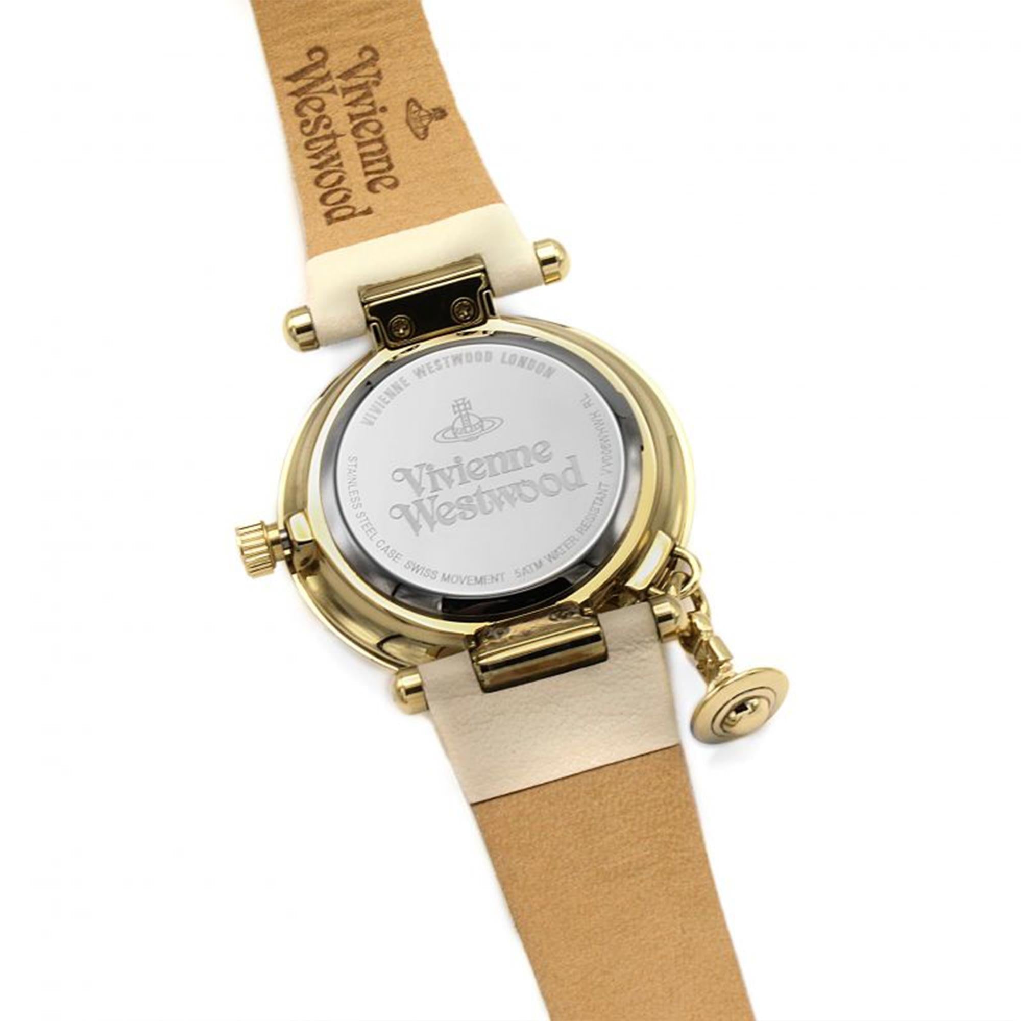 Vivienne Westwood Orb II women's watch with a cream dial and cream leather strap. Side profile view.