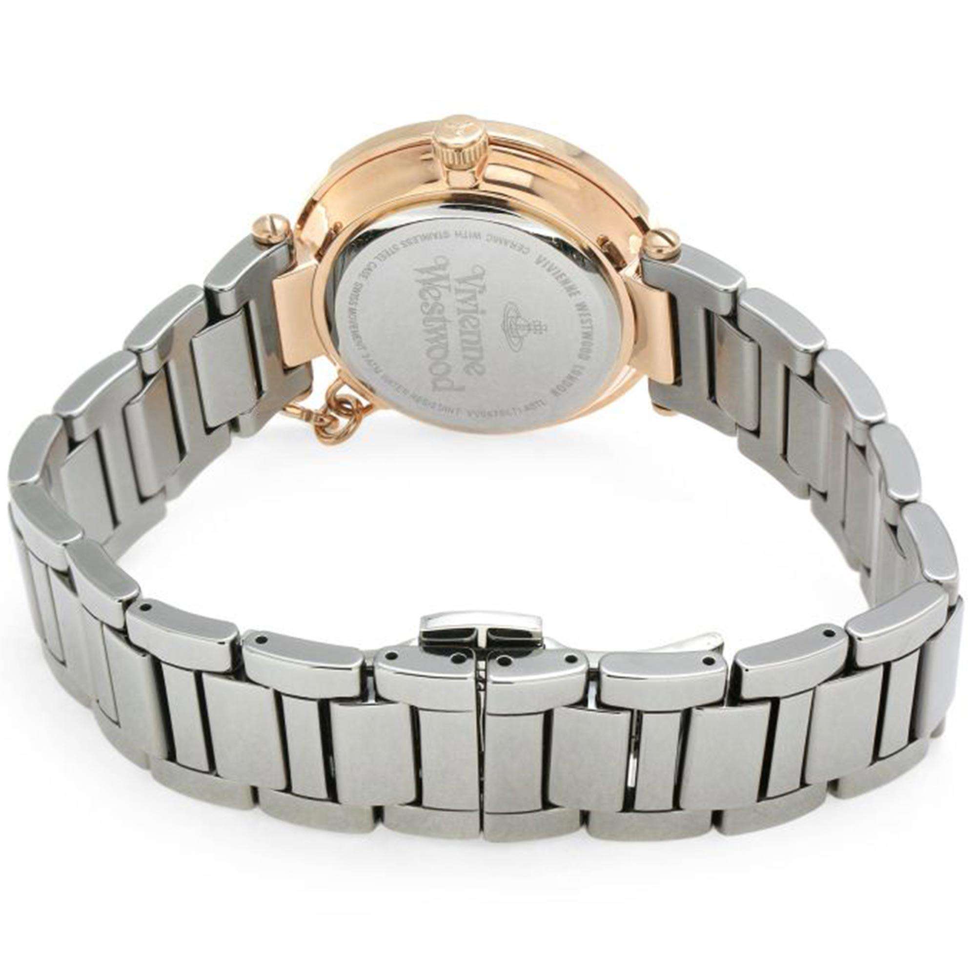 Vivienne Westwood Kensington women's watch with a grey dial and gunmetal stainless steel bracelet. Clasp and case back detail.