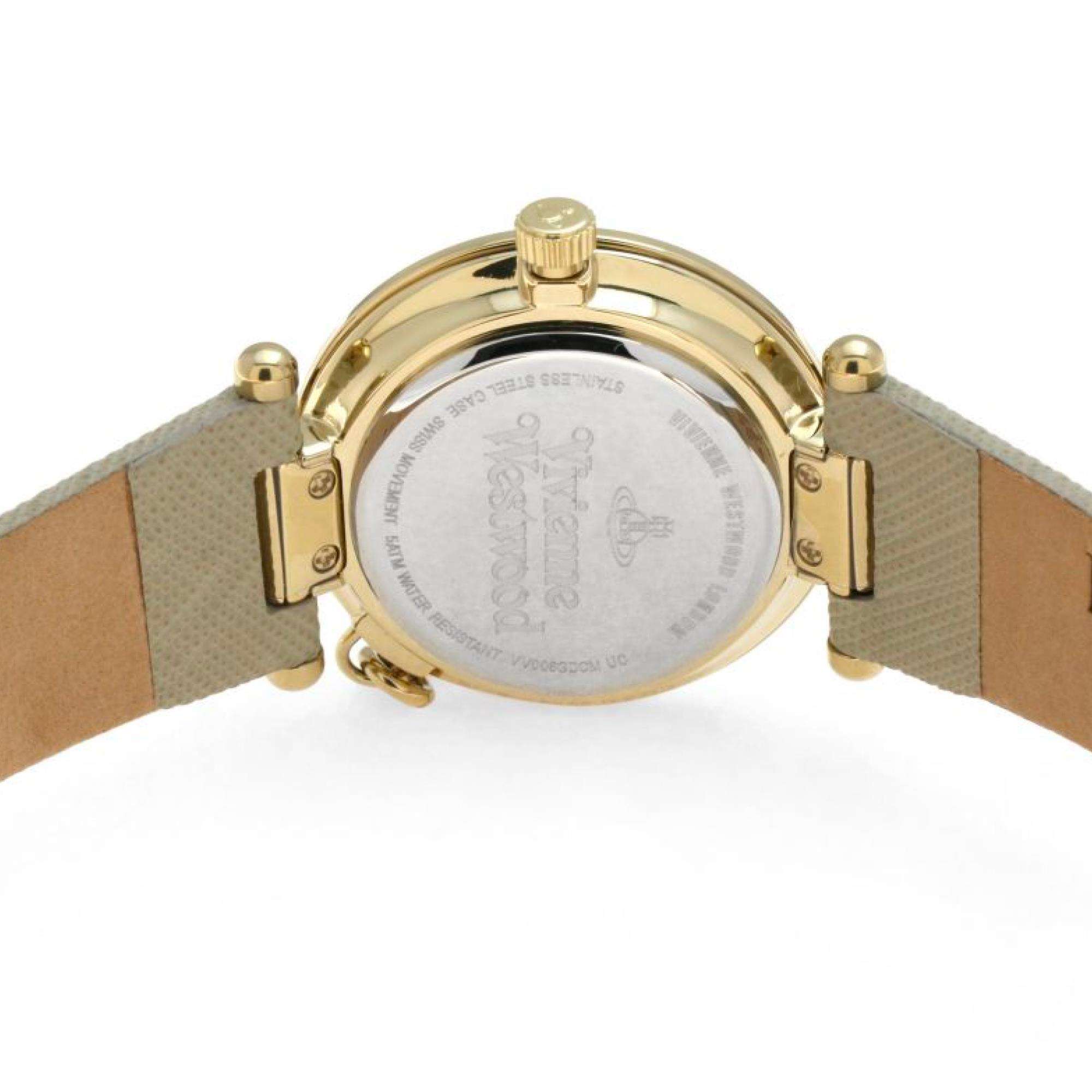 Vivienne Westwood Orb Pop women's watch with a silver dial and cream leather strap. Close-up detail view.
