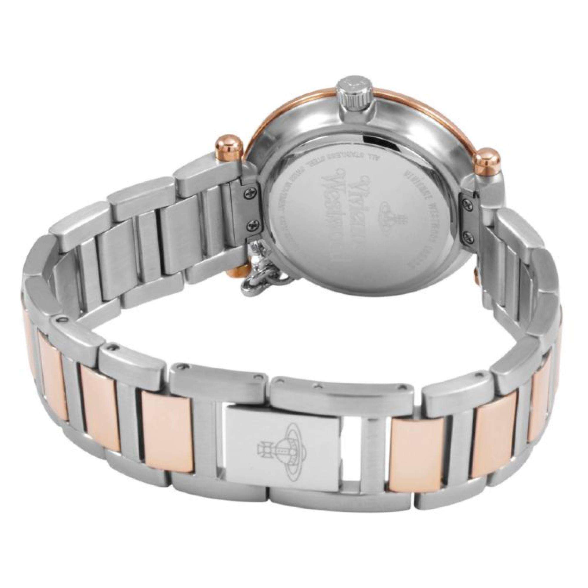 Vivienne Westwood Orb women's watch with a silver dial and two tone stainless steel bracelet. Side profile view.
