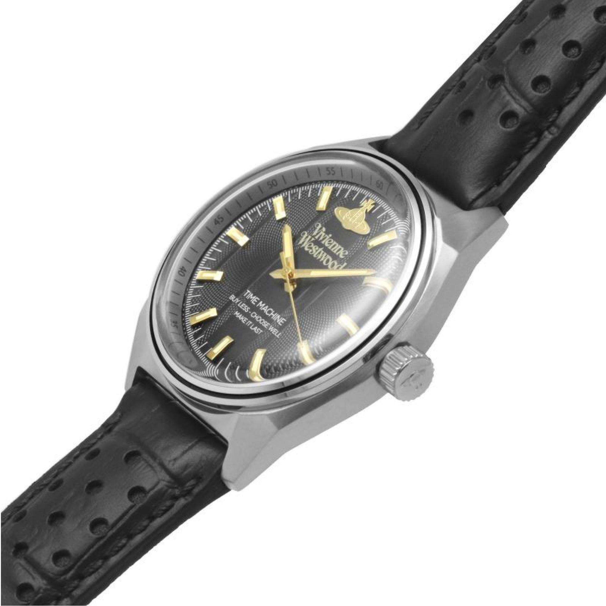 Vivienne Westwood Sydenham men's watch with a black dial and black leather strap. Side profile view.