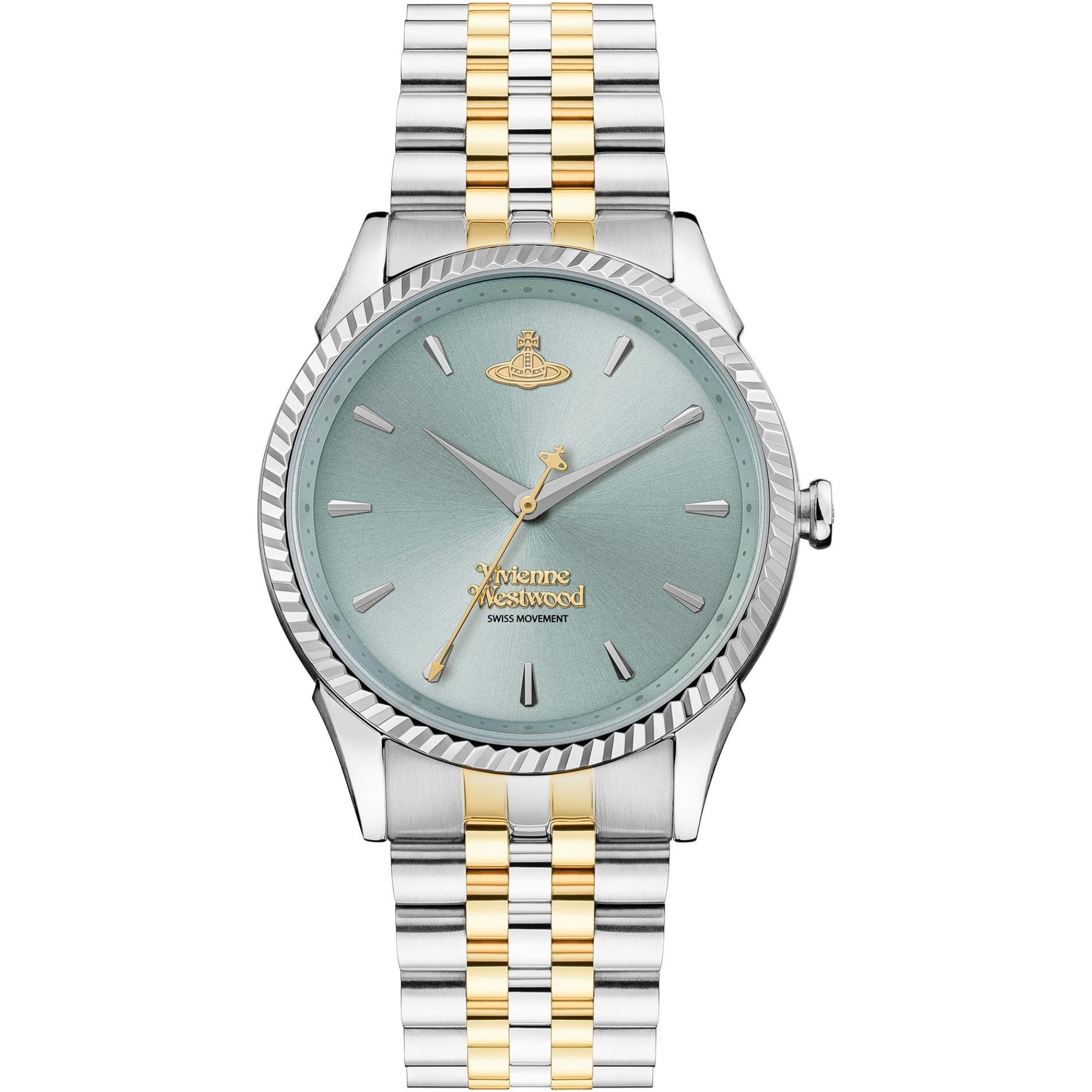 Vivienne Westwood Seymour women's watch with a blue dial and two tone stainless steel bracelet.