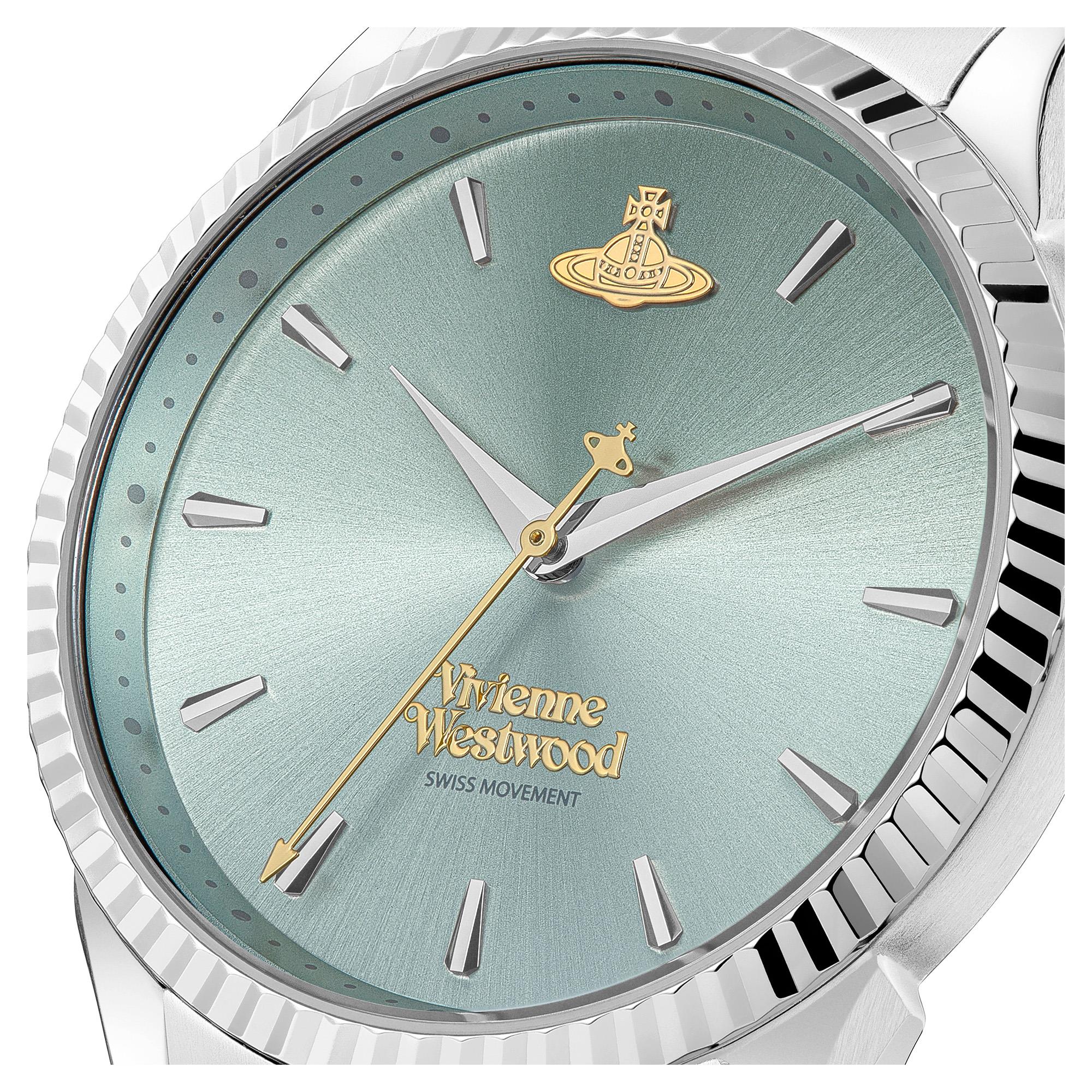 Vivienne Westwood Seymour women's watch with a blue dial and two tone stainless steel bracelet. Close-up detail view.