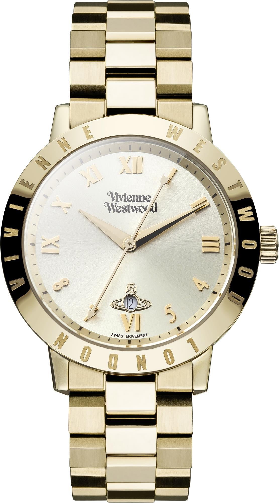 Vivienne Westwood Bloomsbury women's watch with a gold dial and gold stainless steel bracelet. Clasp and case back detail.