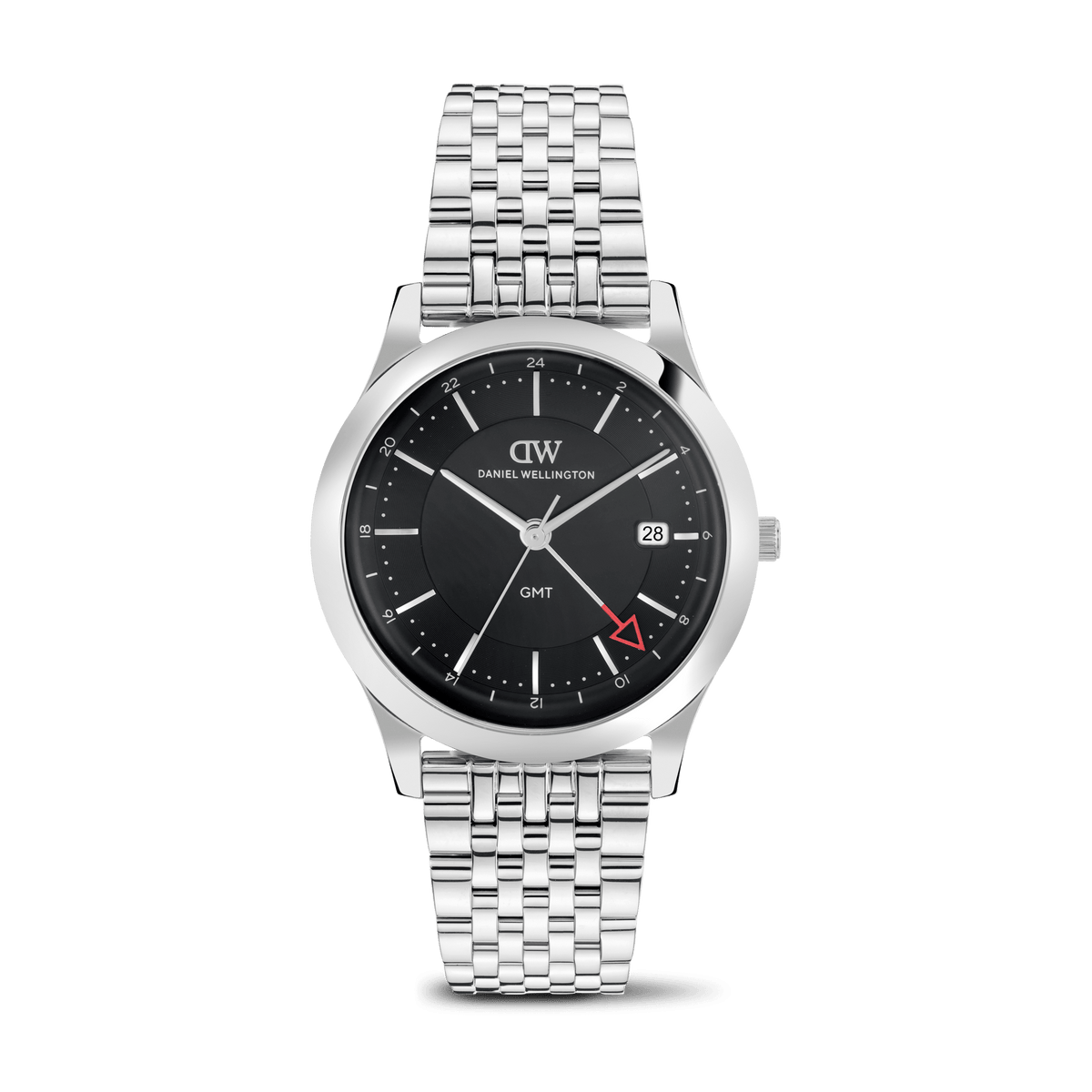 Daniel Wellington Pathfinder GMT 7-Link Black Silver DW00100978 men's watch with black sunray dial and silver link strap