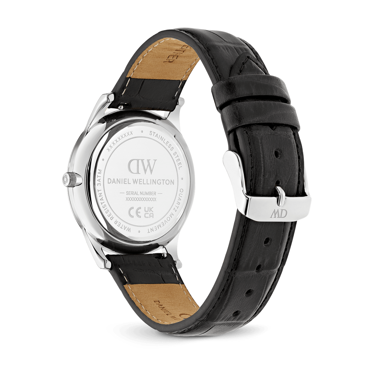 Daniel Wellington Pathfinder Black-Croc Frost-White Silver DW00100980 men's watch with white sunray dial and black leather strap