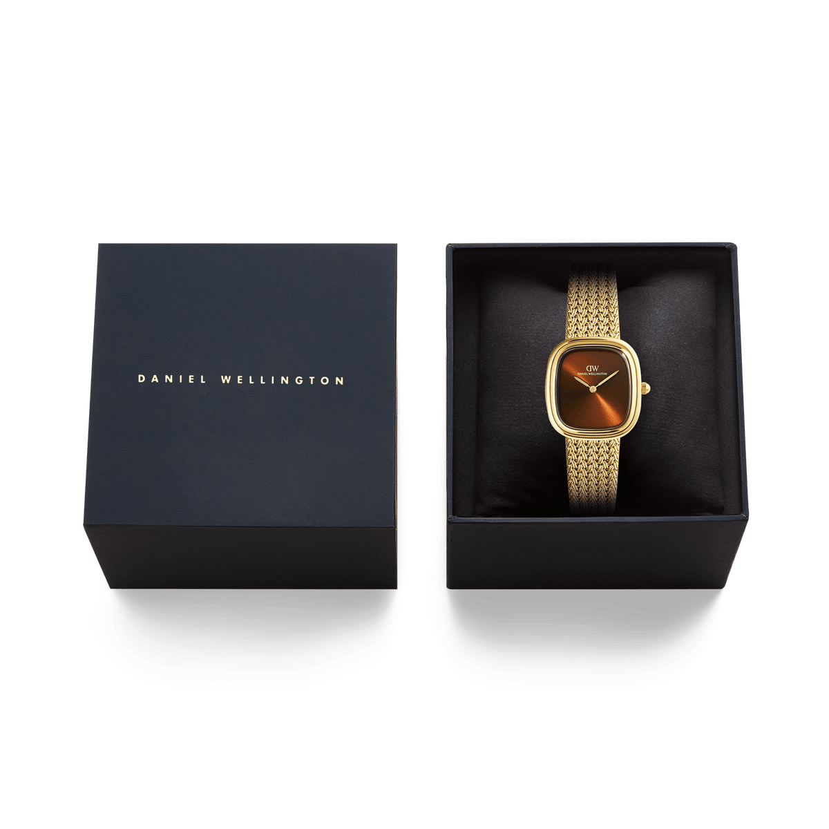 Daniel Wellington Margot Braided Mesh Amber Gold DW00100968 women's watch with brown sunray dial and gold mesh strap