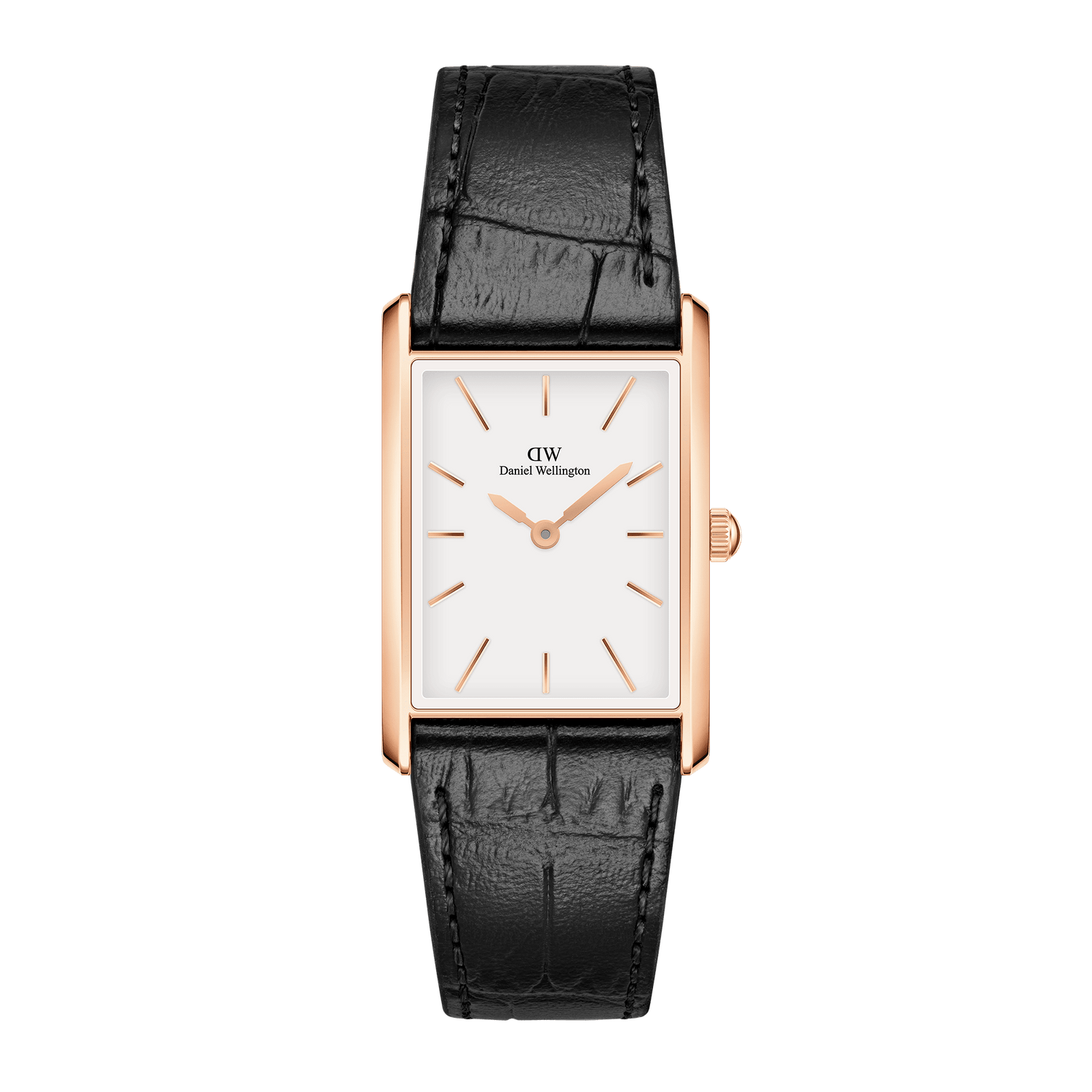 Rectangular rose gold wristwatch with a white face and black leather strap.