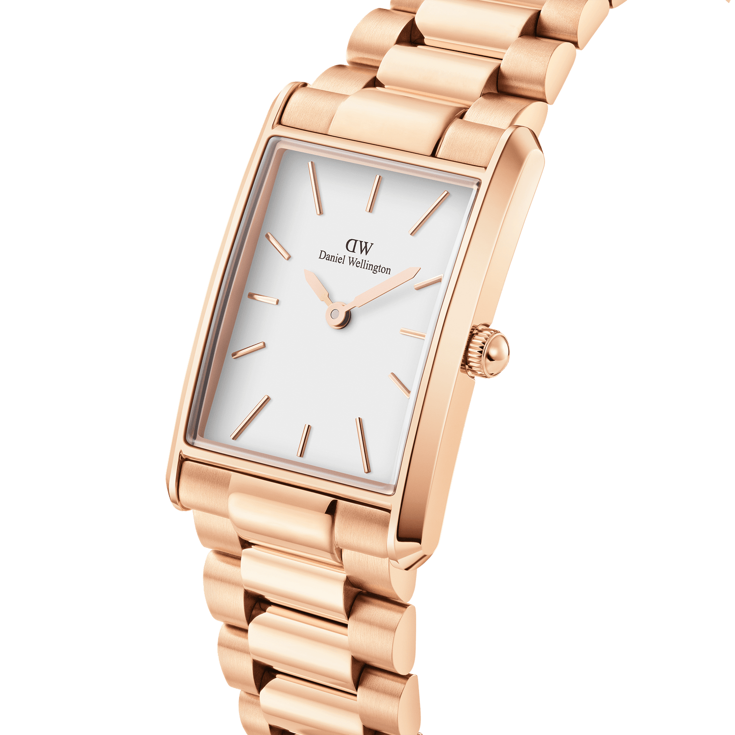 Rose gold rectangular wristwatch with a white face and metal link bracelet.
