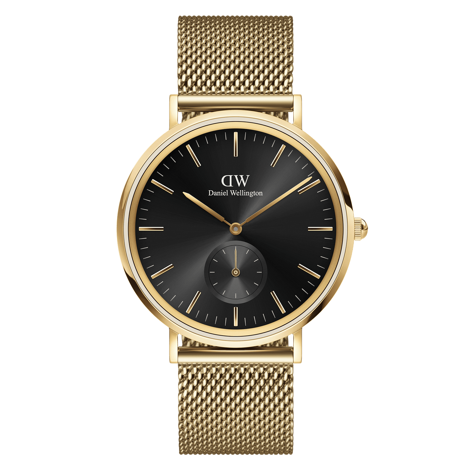 Gold-toned wristwatch with a black dial and mesh metal band.