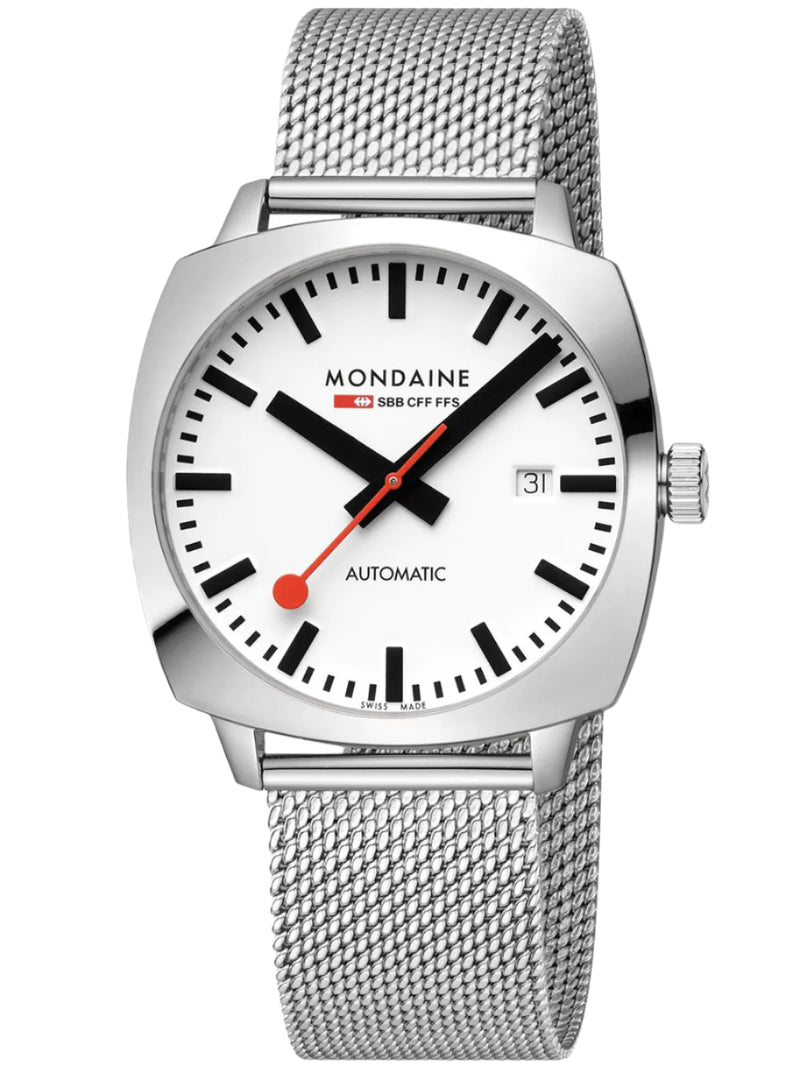 Mondaine Cushion Automatic White Dial Stainless Steel Watch MSL.3961B.SM