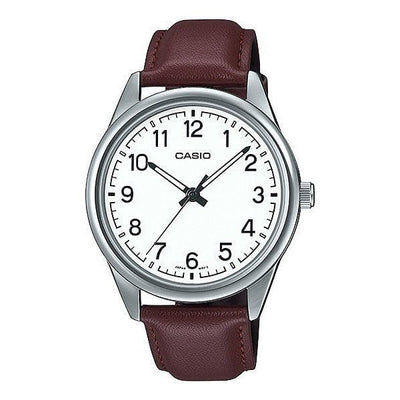 Casio Analog White Dial Brown Leather Strap Watch MTPV005L-7B4