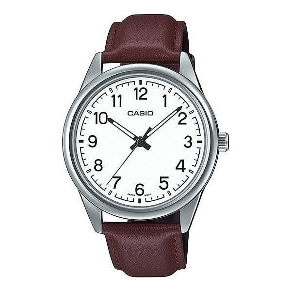 Casio Analog White Dial Brown Leather Strap Watch MTPV005L-7B4