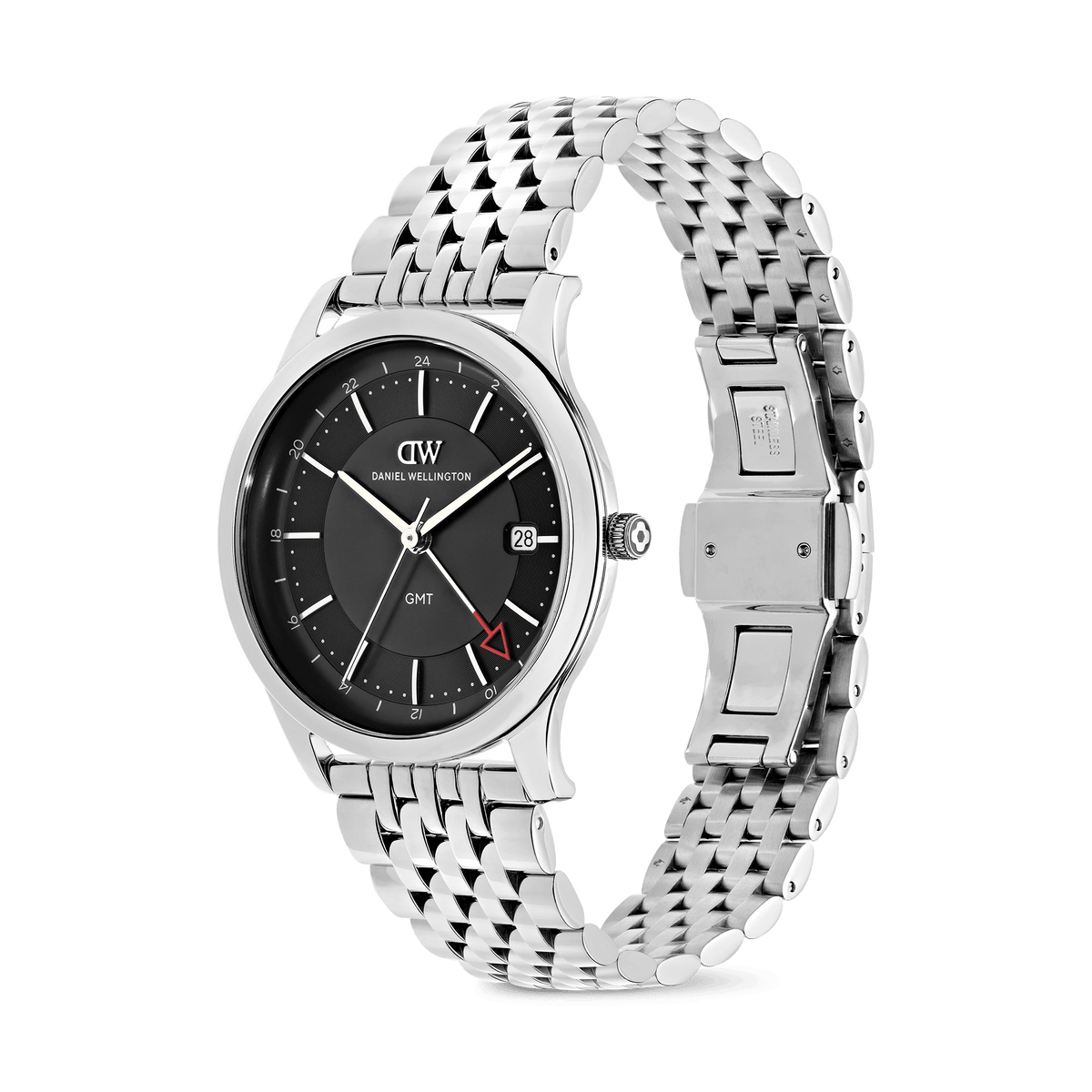 Daniel Wellington Pathfinder GMT 7-Link Black Silver DW00100978 men's watch with black sunray dial and silver link strap