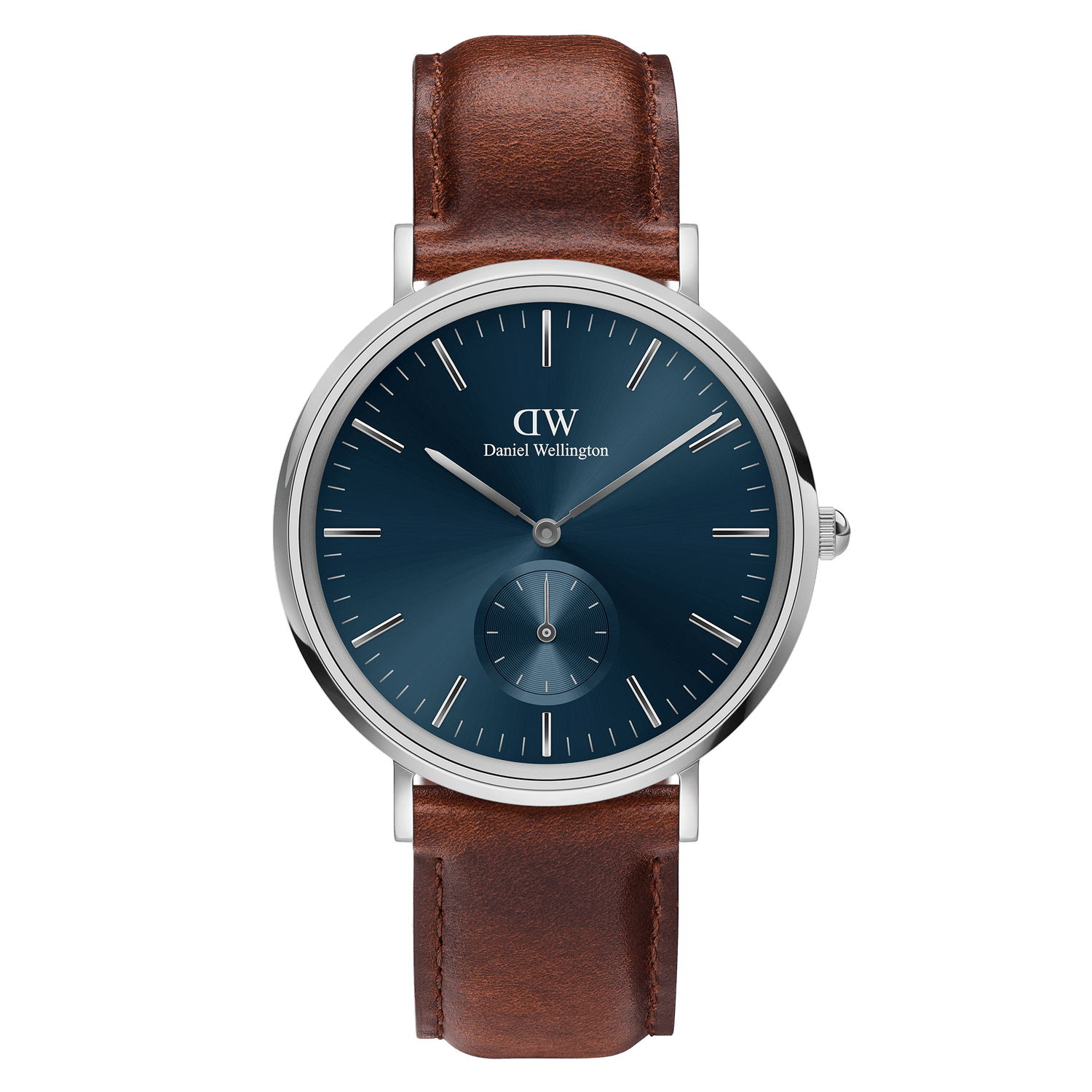 Wristwatch with a blue dial face and brown leather strap.