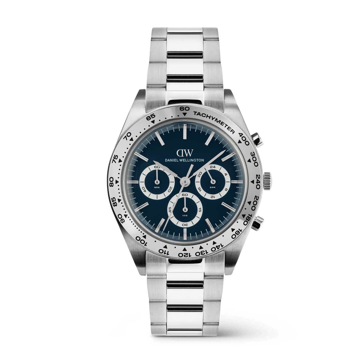 Daniel Wellington Iconic Tachymeter 3-Link Arctic Silver DW00100949 men's watch with blue plain dial and silver link strap