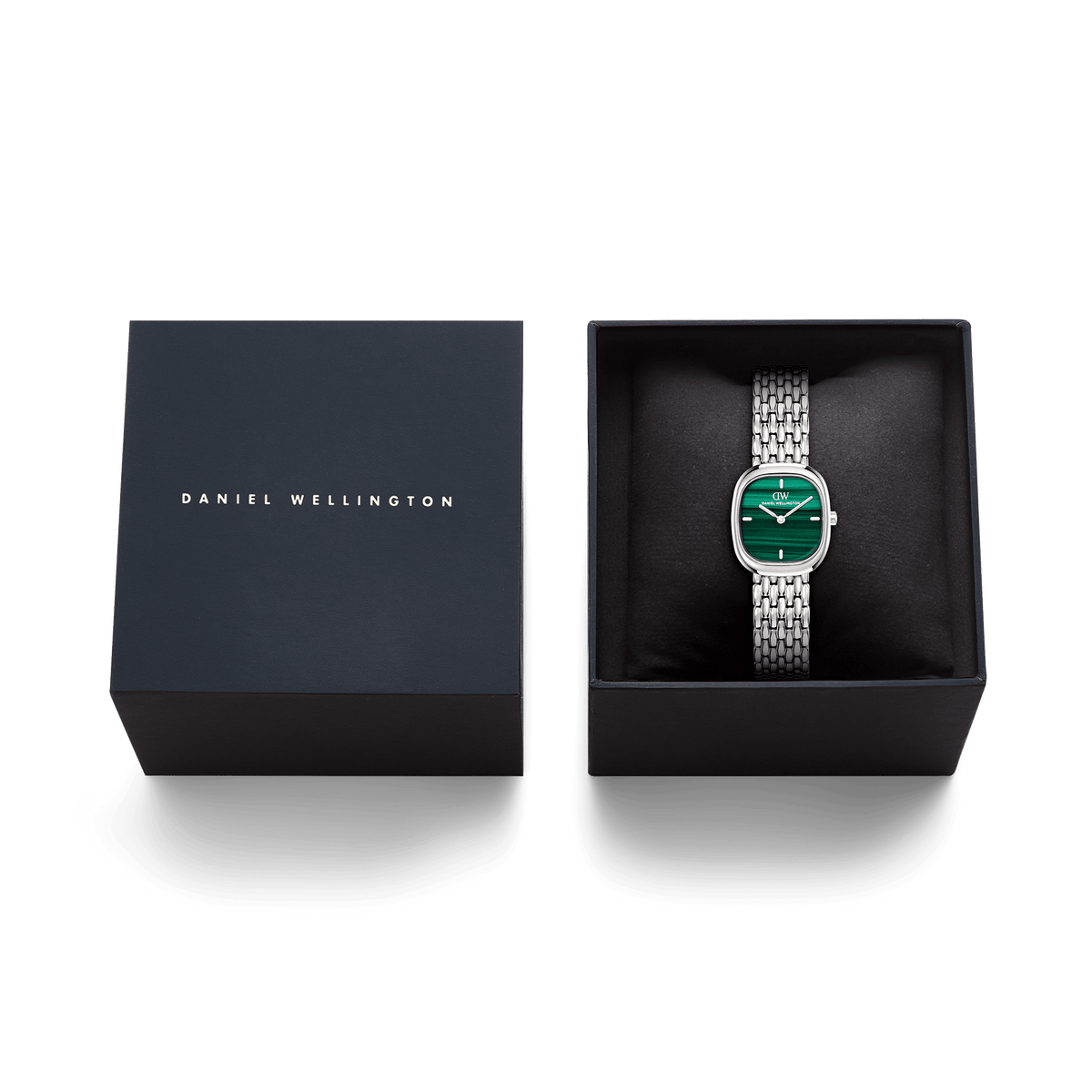 Daniel Wellington Corta Malachite Grain-Link Silver DW00100991 women's watch with green sunray dial and silver link strap