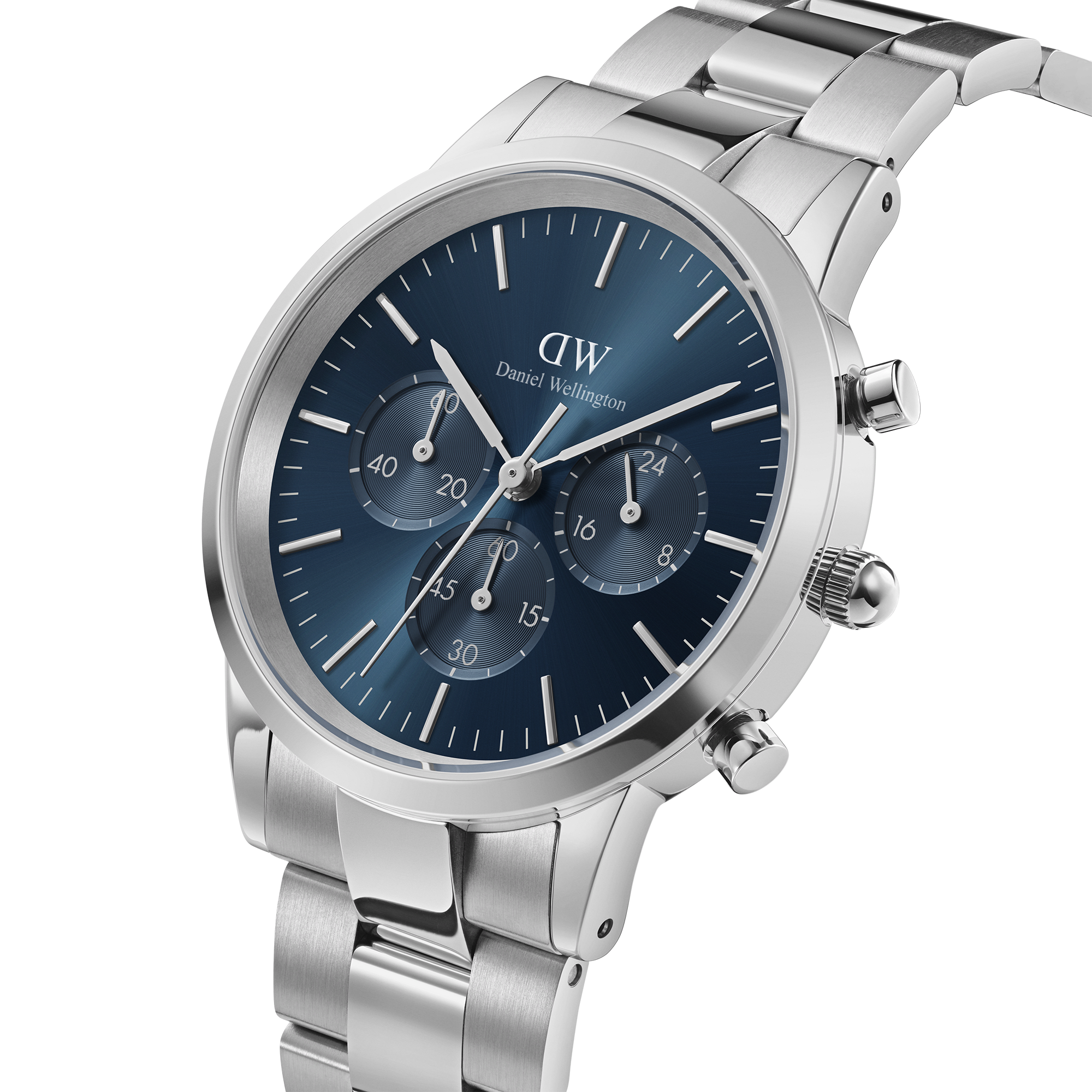 Stainless steel wristwatch with a blue dial and chronograph subdials.