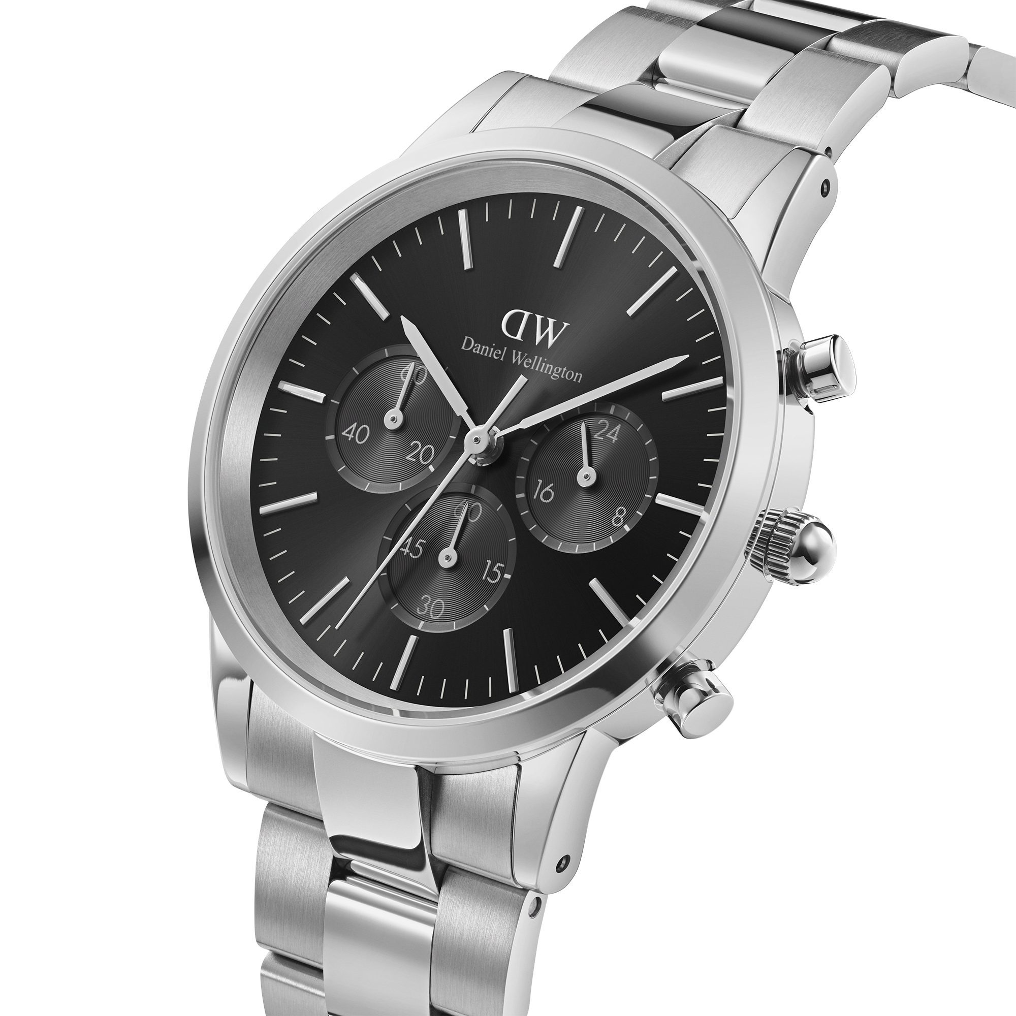 Stainless steel wristwatch with a black dial and three chronograph subdials.