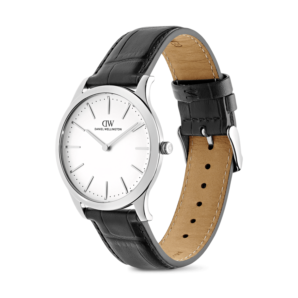 Daniel Wellington Pathfinder Black-Croc Frost-White Silver DW00100980 men's watch with white sunray dial and black leather strap