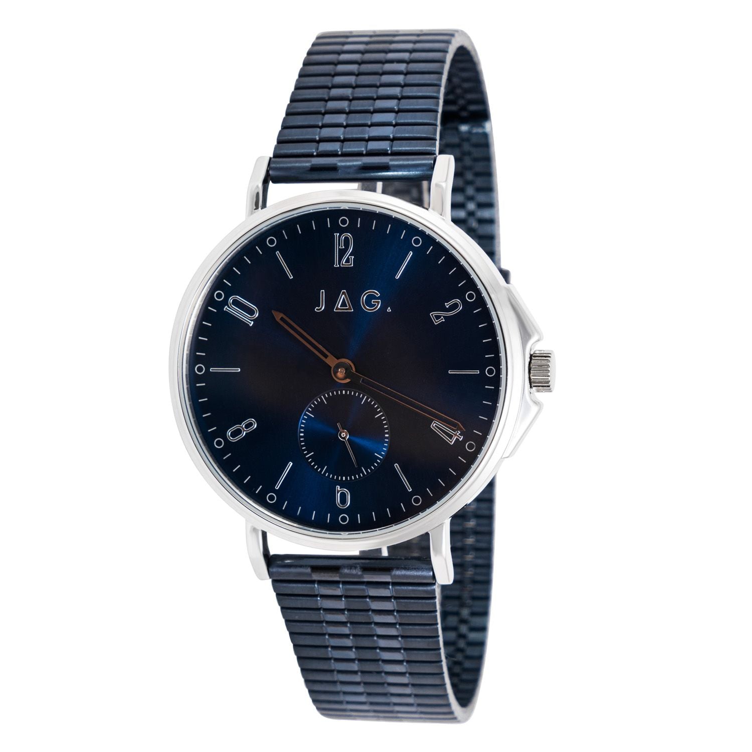 Wristwatch with a navy blue face and metal bracelet band.