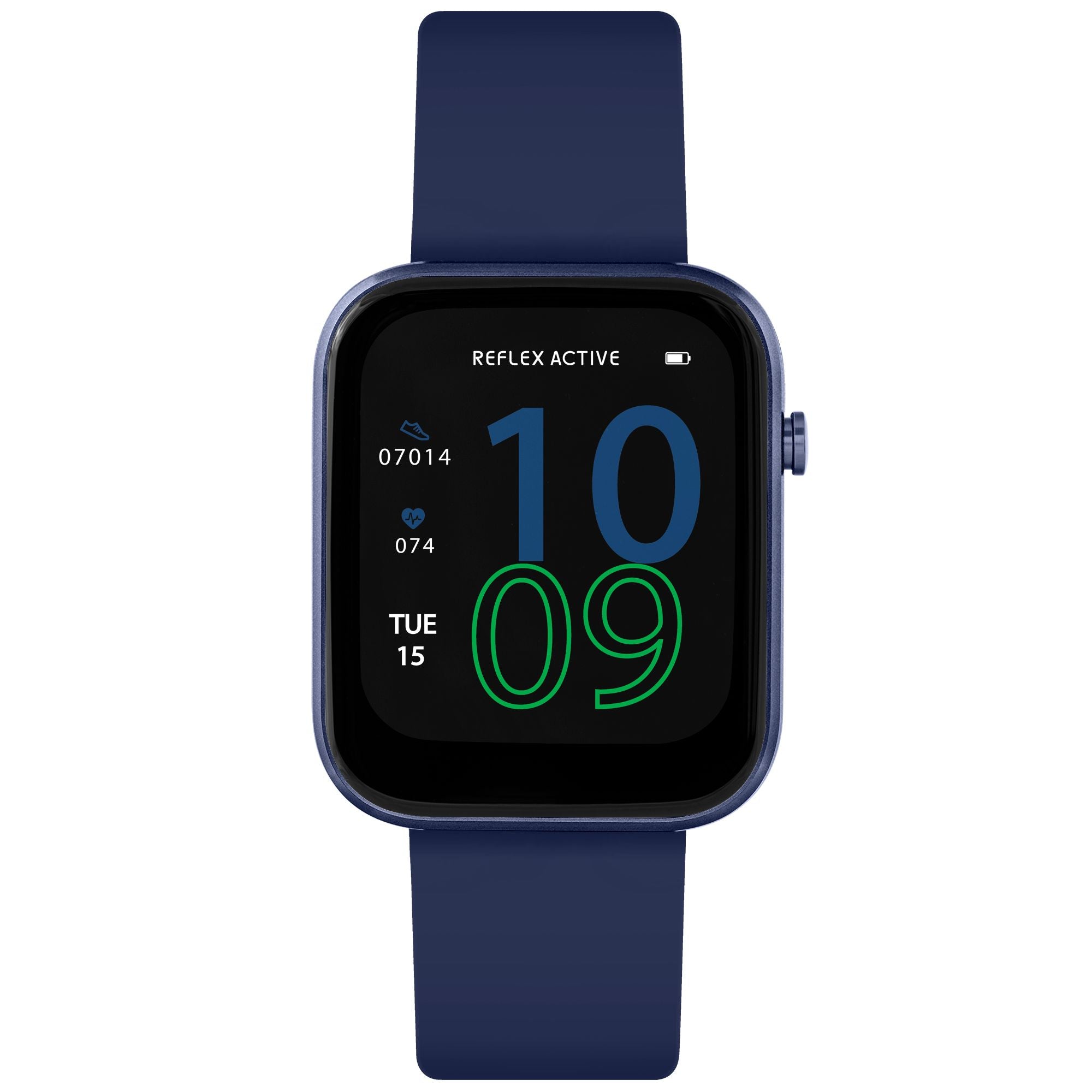Smartwatch with a navy blue strap and digital display showing the time 10:09.